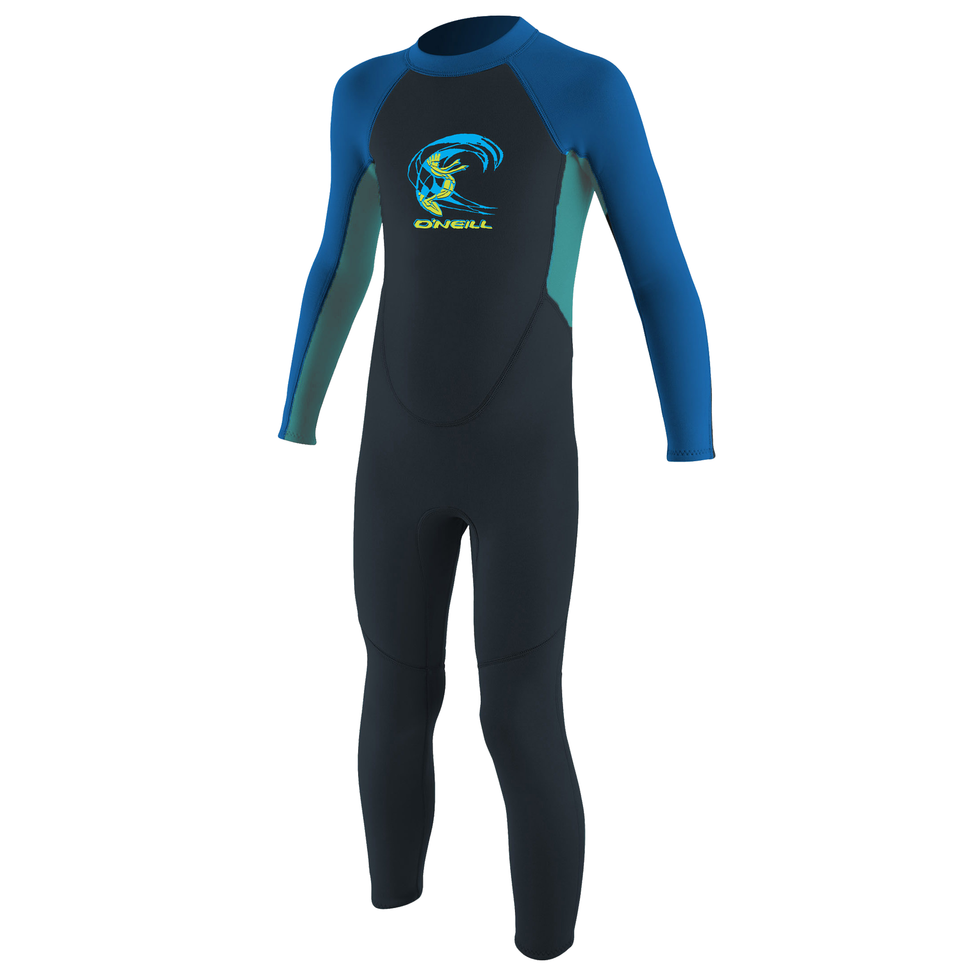O'Neill Kinder-Neoprenanzug in Blau - Windsport Fehmarn Langer O'Neill Neoprenanzug für Kinder in Schwarz und Blau vor weißem Hintergrund.