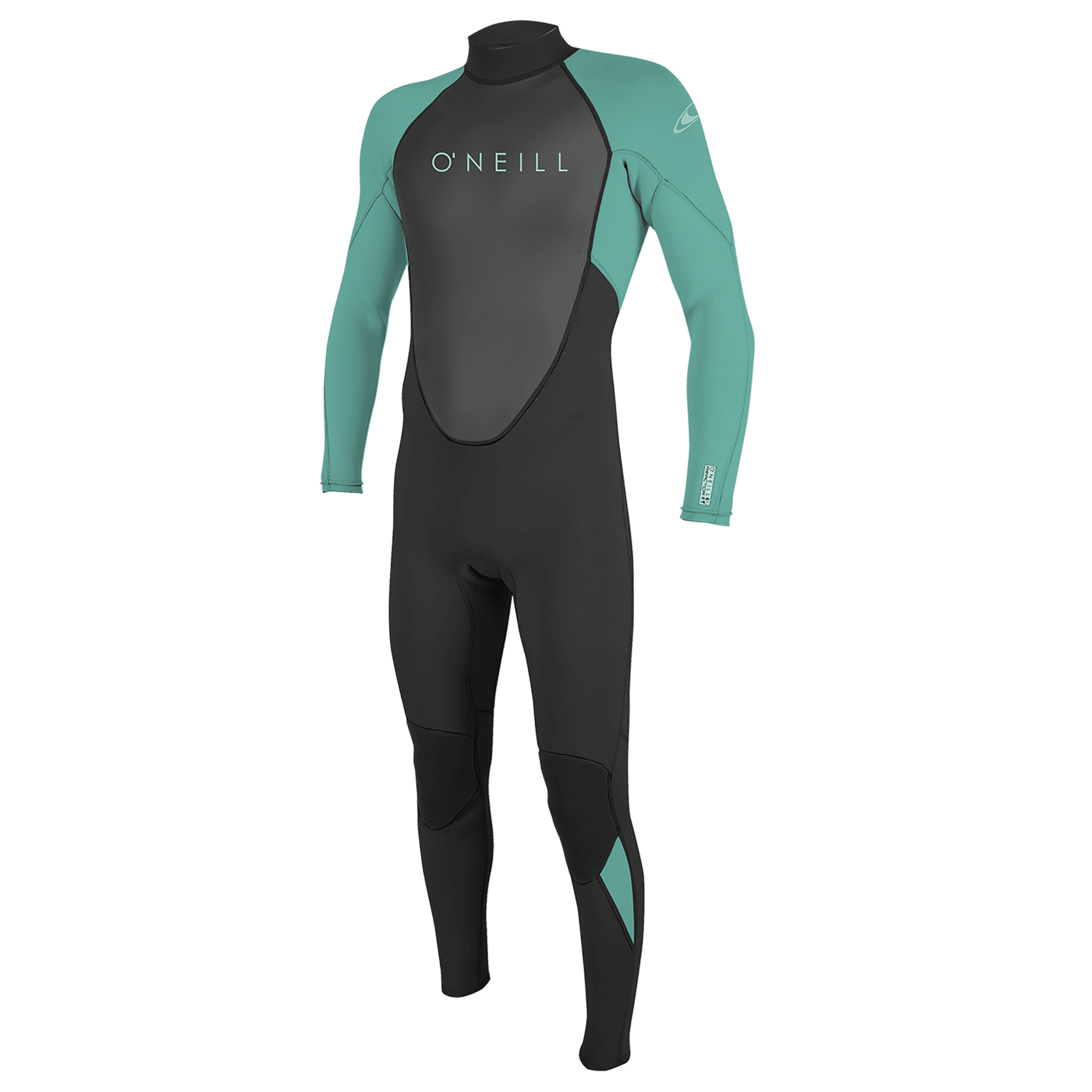 O'Neill Neoprenanzug für Wassersport - Windsport Fehmarn Ein schwarz-türkiser O'Neill Neoprenanzug mit langen Ärmeln auf weißem Hintergrund.