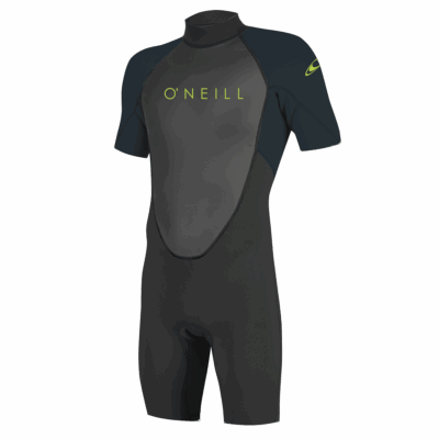 Schwarzer O'Neill Kurzarm-Neoprenanzug mit grauem Brustpanel und neongrüner Schrift vor weißem Hintergrund.