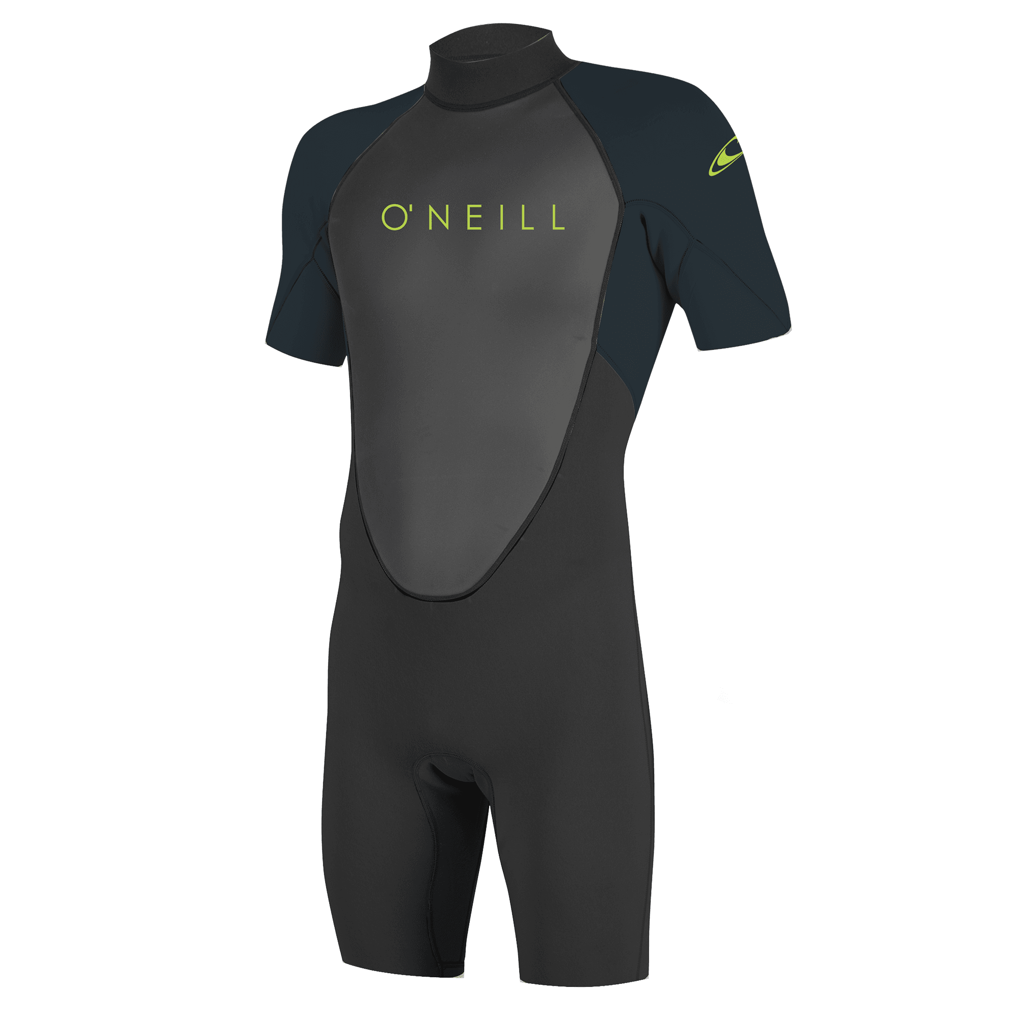 O'Neill Kurzarm Neoprenanzug - Windsport Fehmarn Schwarzer O'Neill Kurzarm-Neoprenanzug mit grauem Brustpanel und neongrüner Schrift vor weißem Hintergrund.