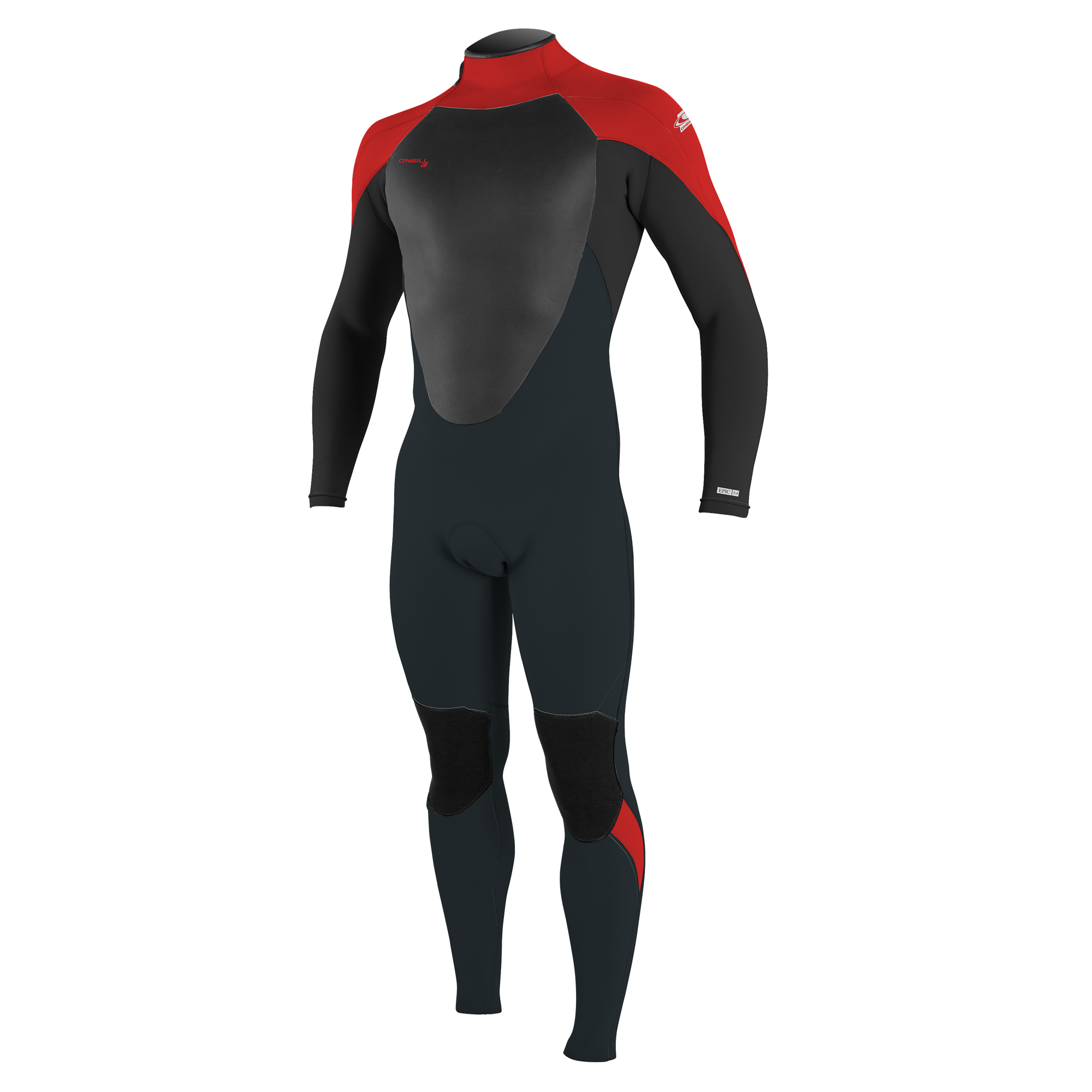 O'Neill Epic Neoprenanzug - Windsport Fehmarn Ein schwarz-roter O'Neill Epic Neoprenanzug auf einer Schaufensterpuppe vor weißem Hintergrund.