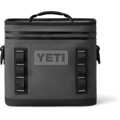 Graue Yeti Hopper Kühltasche mit Tragegriff und Reißverschluss vor weißem Hintergrund.