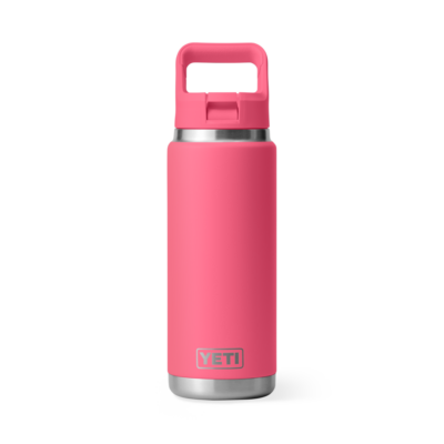 Pinke YETI Trinkflasche mit Henkelverschluss vor weißem Hintergrund