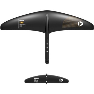 Duotone D/LAB Aero Carve 2.0 850 Frontflügel und P 180 Stabilizer aus Carbon auf weißem Hintergrund.