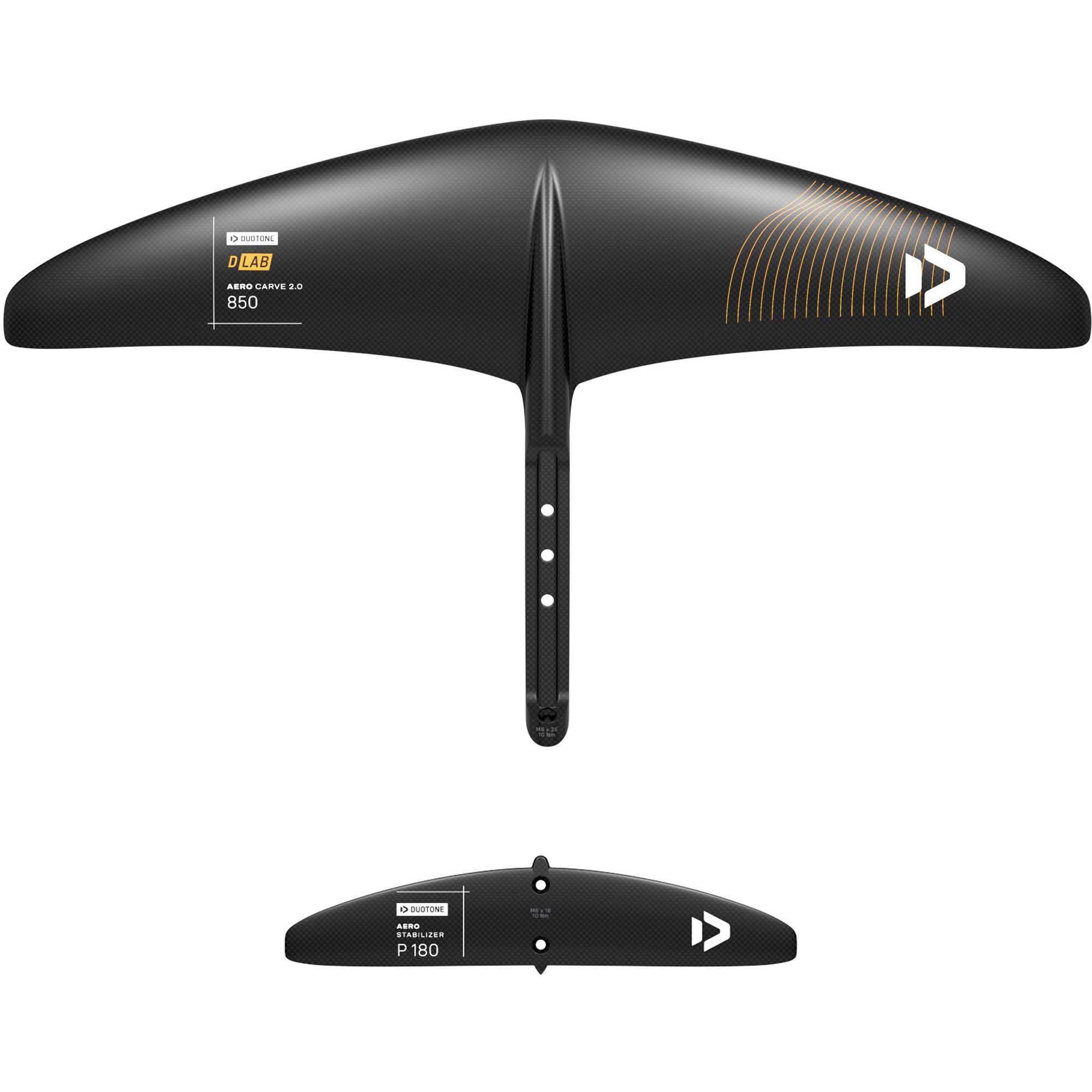 Duotone Aero Carve 2.0 Wingfoil - Windsport Fehmarn Duotone D/LAB Aero Carve 2.0 850 Frontflügel und P 180 Stabilizer aus Carbon auf weißem Hintergrund.