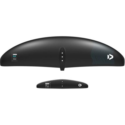 Duotone Aero Lift Frontflügel 2400 und passender C 300 Stabilizer aus schwarzem Carbon vor weißem Hintergrund.