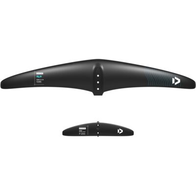 Duotone Aero Glide 1085 Frontflügel und Aero Stabilizer P 200 aus Carbon vor weißem Hintergrund.