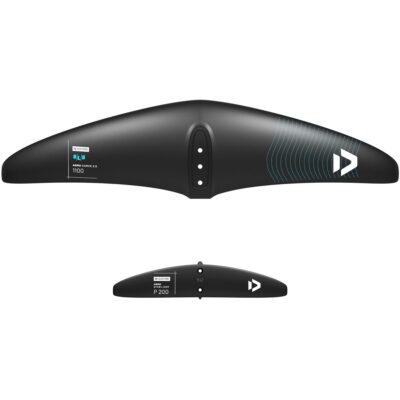 Duotone Aero Carve 2.0 Frontflügel 1100 und P 200 Stabilisator aus Carbon auf weißem Hintergrund.