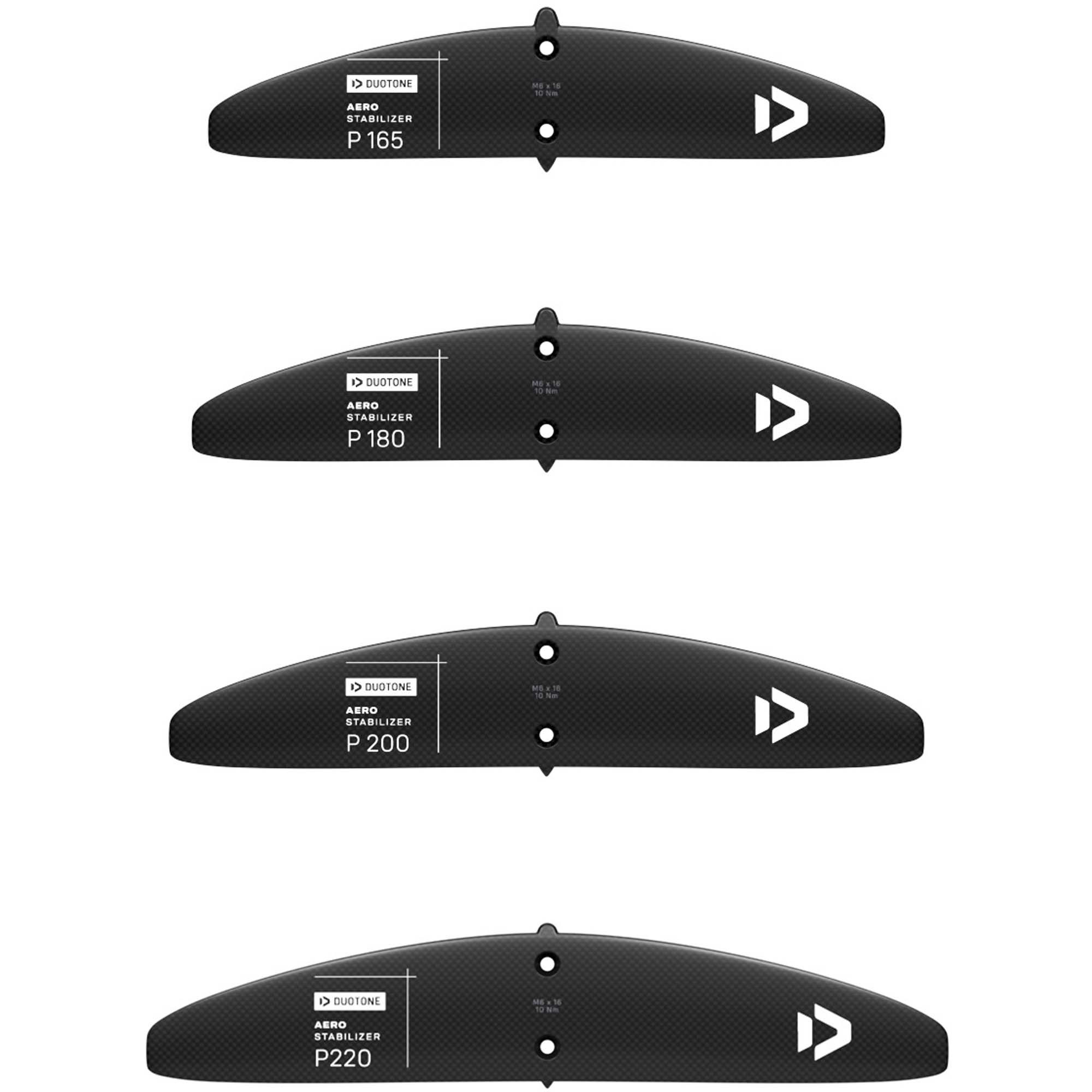 Duotone Aero Stabilizer Wing Set - Windsport Fehmarn Vier Duotone Aero Stabilizer Flügel in verschiedenen Größen (P165, P180, P200, P220) in Carbon-Optik untereinander.
