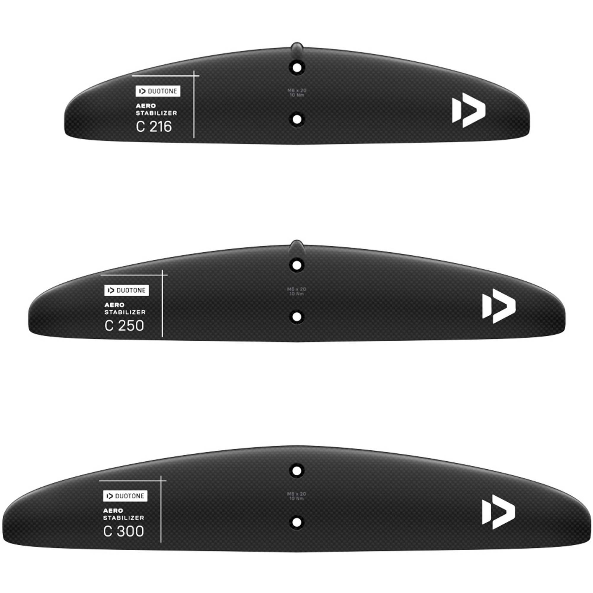 Duotone Aero Stabilizer Carbon Flügel - Windsport Fehmarn Drei schwarze Duotone Aero Stabilizer Flügel aus Carbon in den Größen C 216, C 250 und C 300 vor weißem Hintergrund.