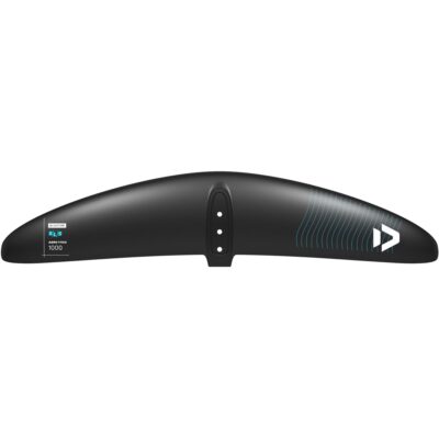 Schwarzer Duotone Aero Free 1000 Frontflügel aus Carbon mit Markenlogo und blauen Grafikdetails auf weißem Hintergrund.