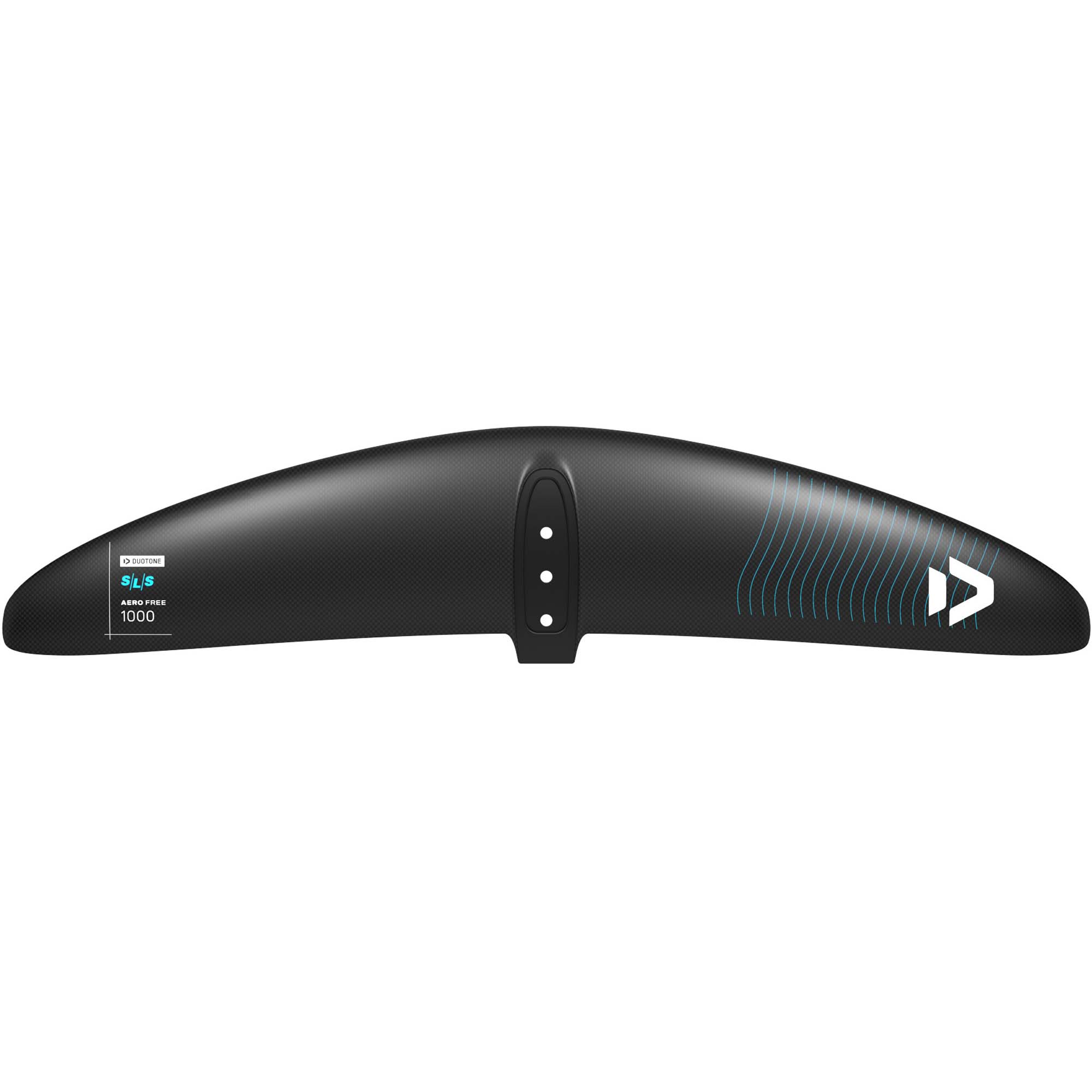 Duotone Aero Free Frontflügel - Windsport Fehmarn Schwarzer Duotone Aero Free 1000 Frontflügel aus Carbon mit Markenlogo und blauen Grafikdetails auf weißem Hintergrund.