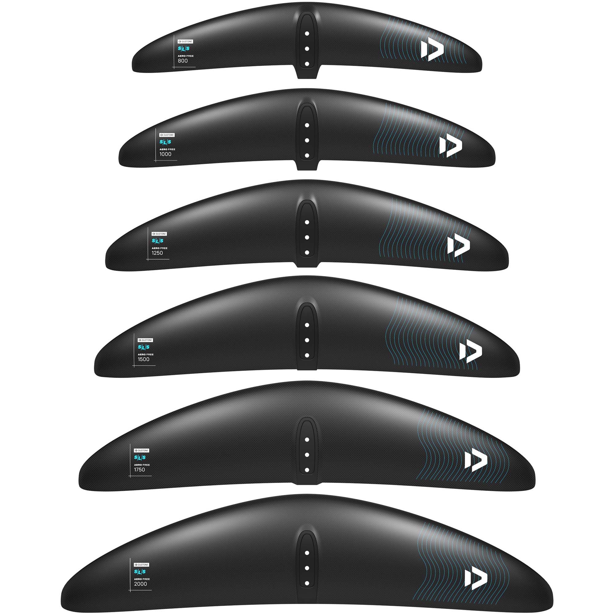 Duotone Aero Free SLS Frontflügel - Windsport Fehmarn Sechs schwarze Duotone Aero Free SLS Hydrofoil-Frontflügel in aufsteigender Größenordnung von 800 bis 2000 cm².