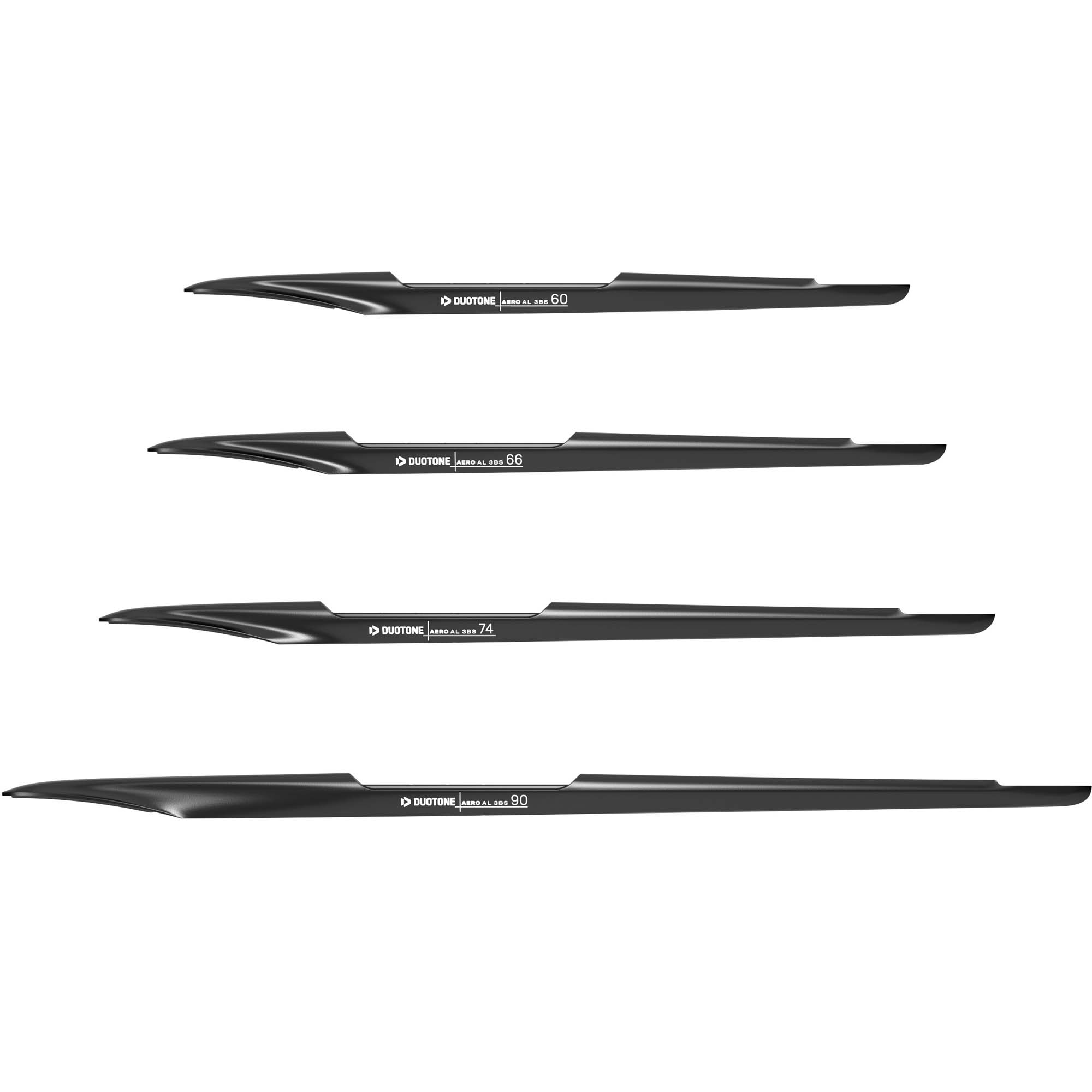 Duotone Aero AL 3BS Fuselagen - Windsport Fehmarn Vier verschiedene Duotone Aero AL 3BS Fuselagen in schwarz untereinander angeordnet.