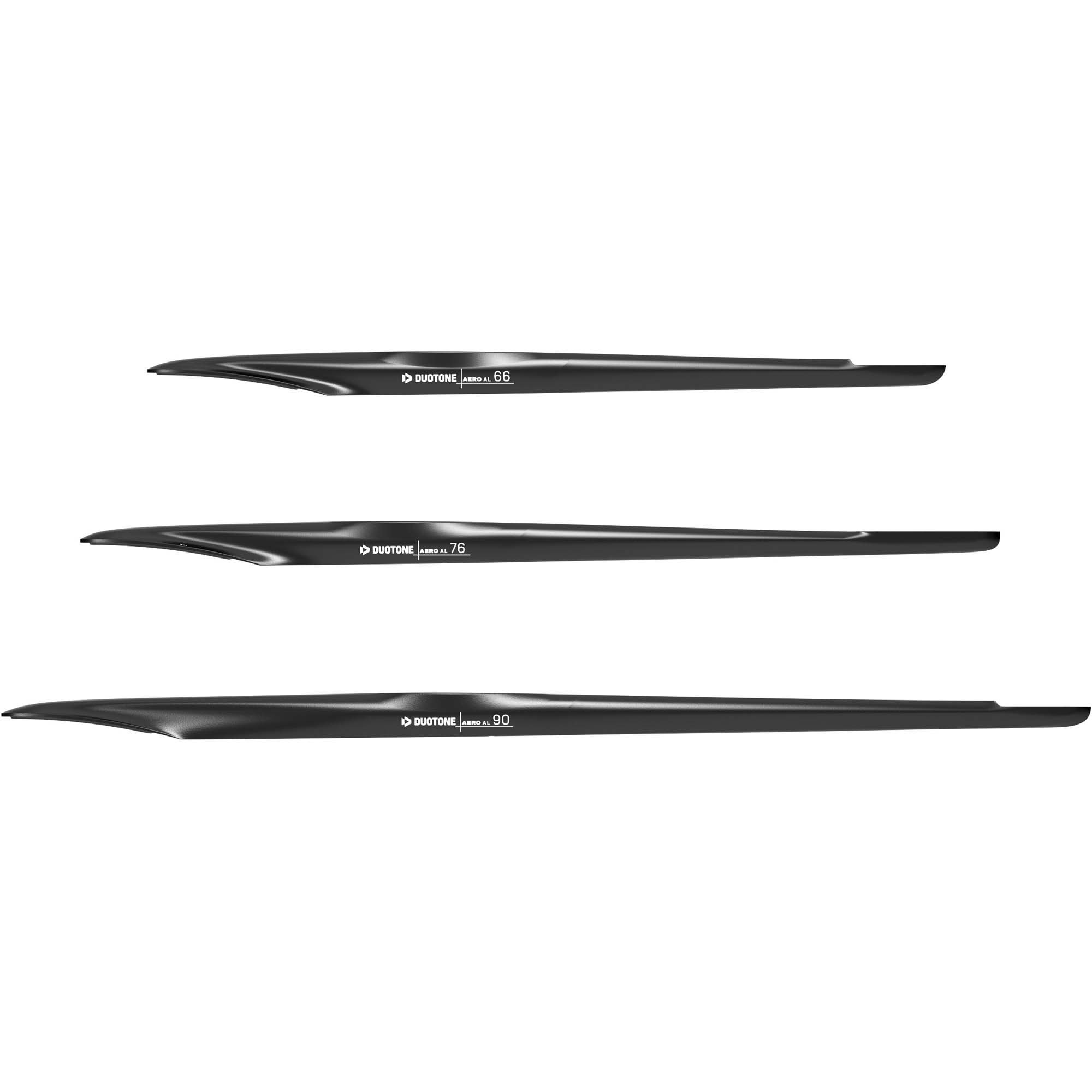 Duotone Aero AL Fuselagen - Windsport Fehmarn Drei schwarze Duotone Aero AL Fuselagen für Wingfoil-Folien in den Längen 66, 76 und 90 cm auf weißem Hintergrund.