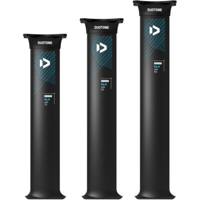 Drei schwarze Duotone Aero SLS Foil-Masten in den Längen 75, 82 und 90 cm auf weißem Hintergrund.