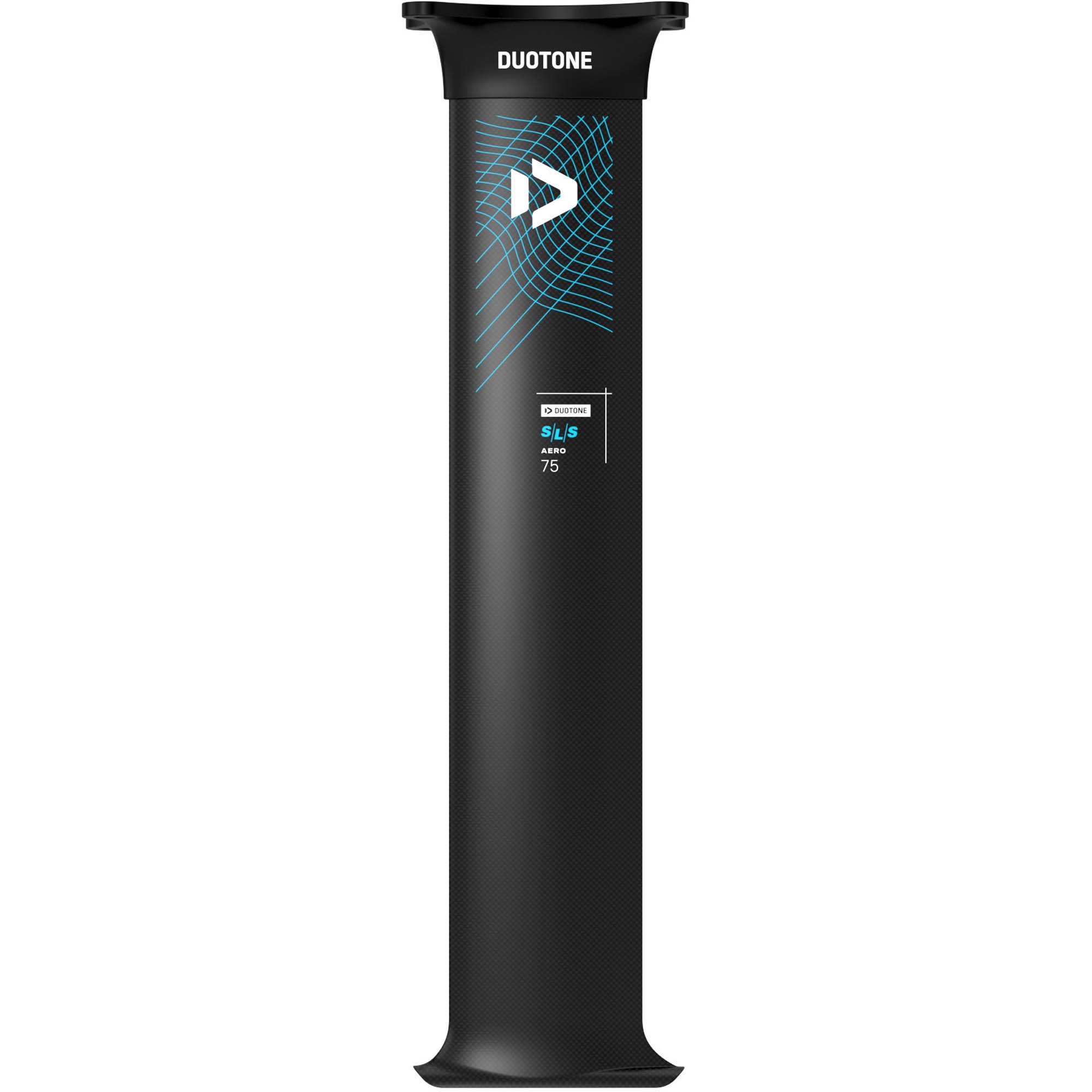 Duotone Aero SLS Foilmast - Windsport Fehmarn Ein schwarzer Duotone Aero SLS 75 cm Foilmast vor weißem Hintergrund mit blauem Grafikdesign.