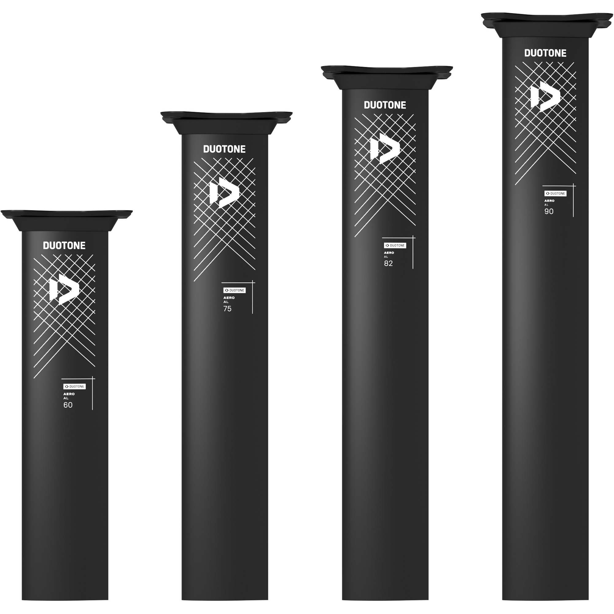 Duotone Aero AL Mast Längen - Windsport Fehmarn Vier schwarze Duotone Aero AL Aluminium-Masten in aufsteigender Länge von 60 cm bis 90 cm auf weißem Hintergrund.