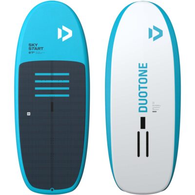 Duotone Sky Start Wingfoil-Board von oben und unten in Blau und Weiß mit Schriftzug und Traktionspad
