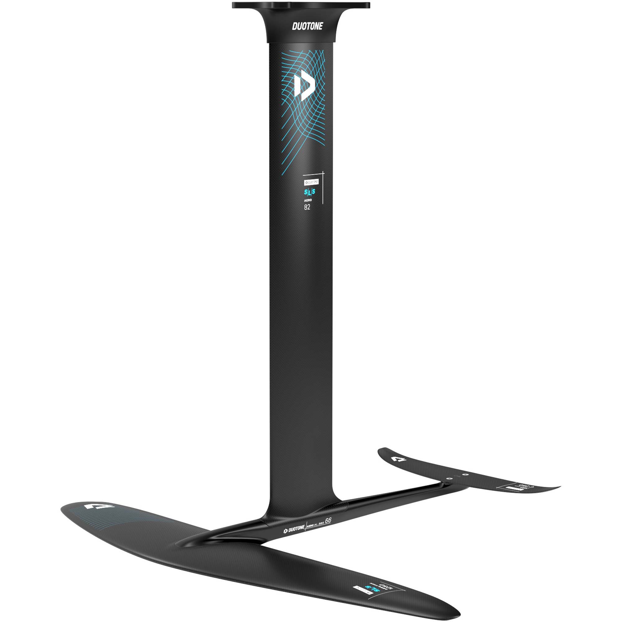 Duotone Aero AL Foil Mast - Windsport Fehmarn Ein schwarzer Duotone Aero AL Foilmast mit Flügeln vor weißem Hintergrund.