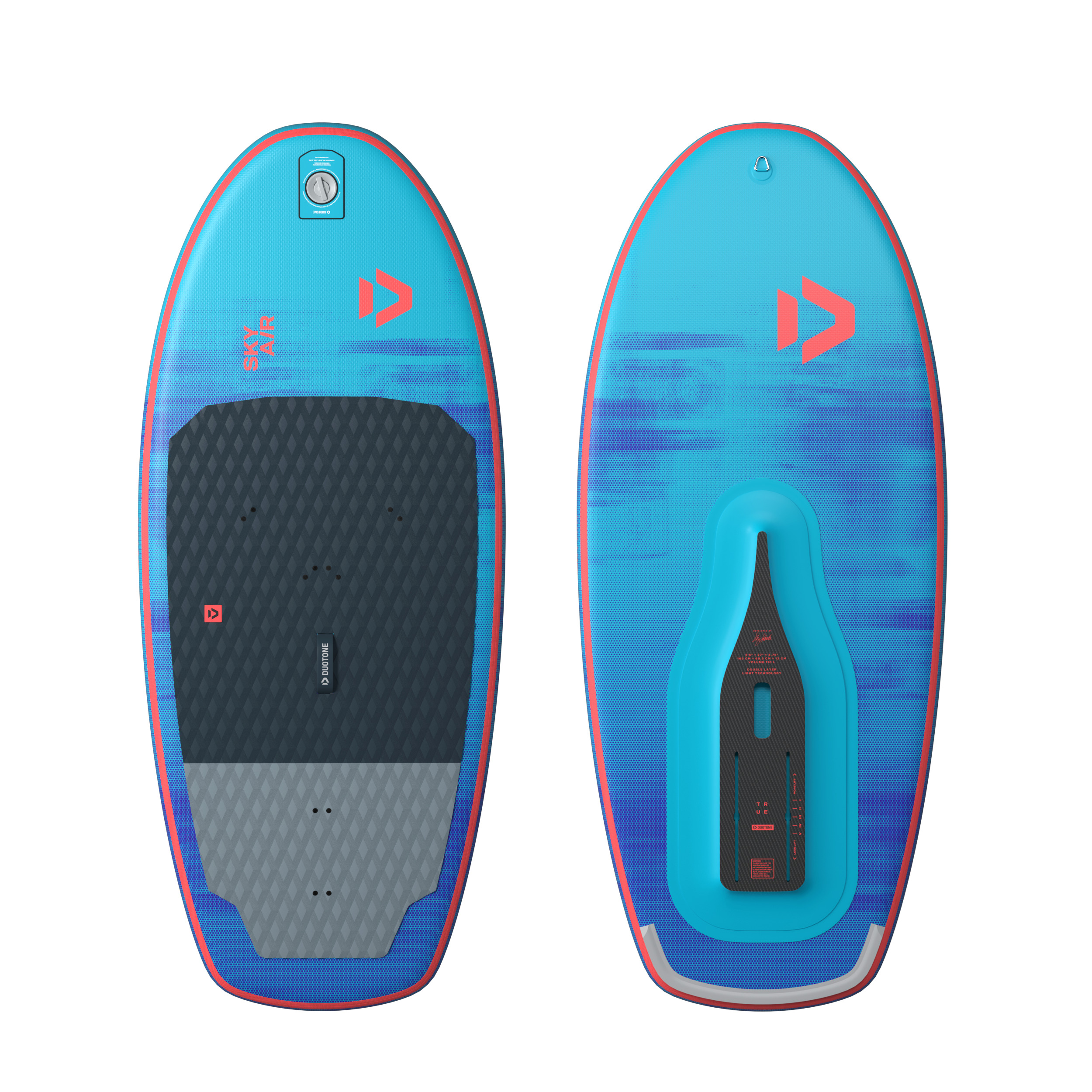 Duotone Sky Air Wingfoil Board - Windsport Fehmarn Draufsicht von Ober- und Unterseite des aufblasbaren Duotone Sky Air Wingfoil-Boards in Blau und Rot.