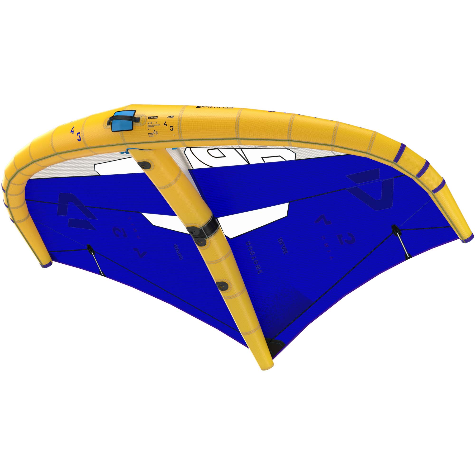 Duotone Unit Wingfoiling Wing - Windsport Fehmarn Gelber und blauer Duotone Unit Wing für das Wingfoilen vor weißem Hintergrund.