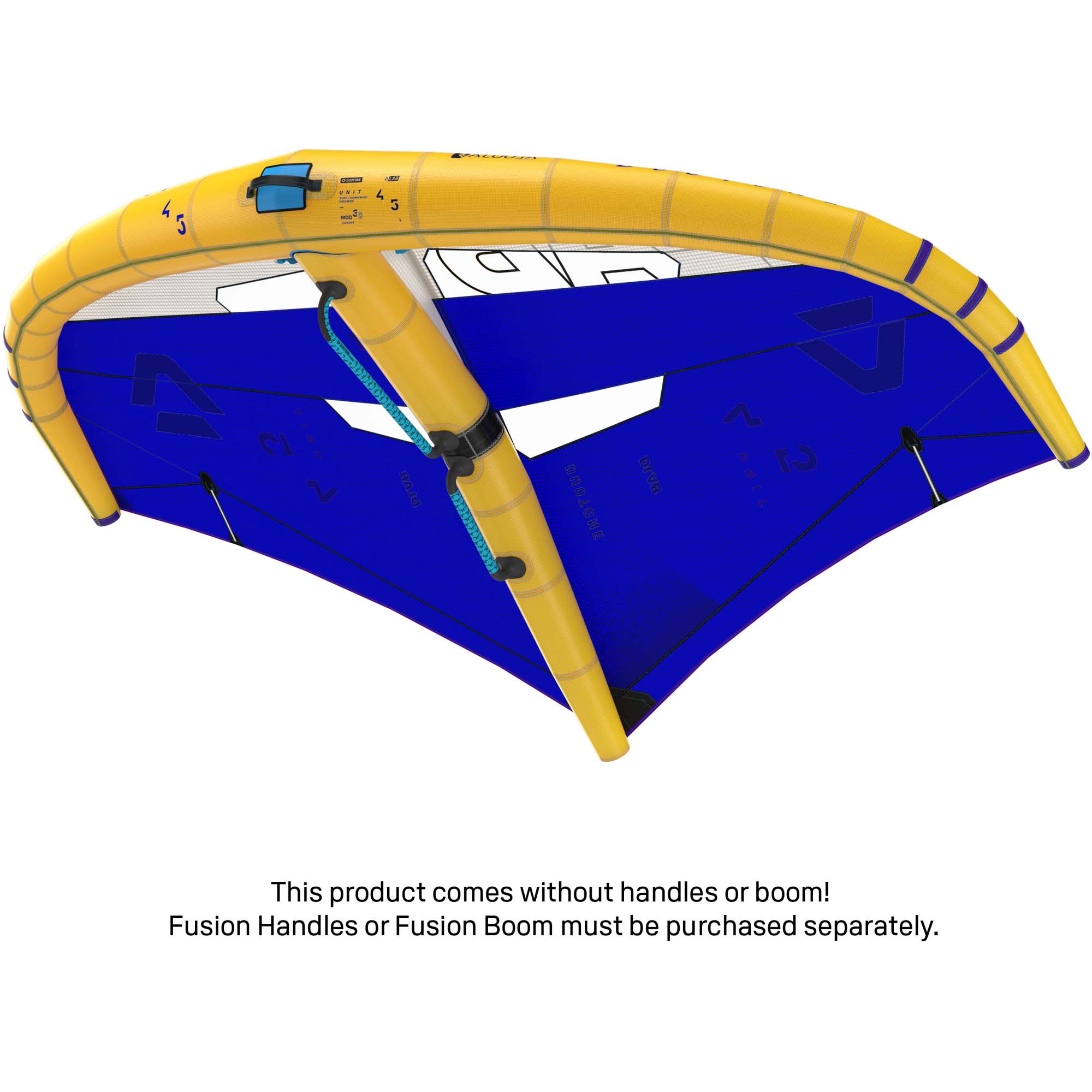 Duotone Unit Wing Gelb Blau - Windsport Fehmarn Ein gelb-blauer Duotone Unit Wing für Wingfoiling auf weißem Hintergrund, ohne Griffe oder Baum.