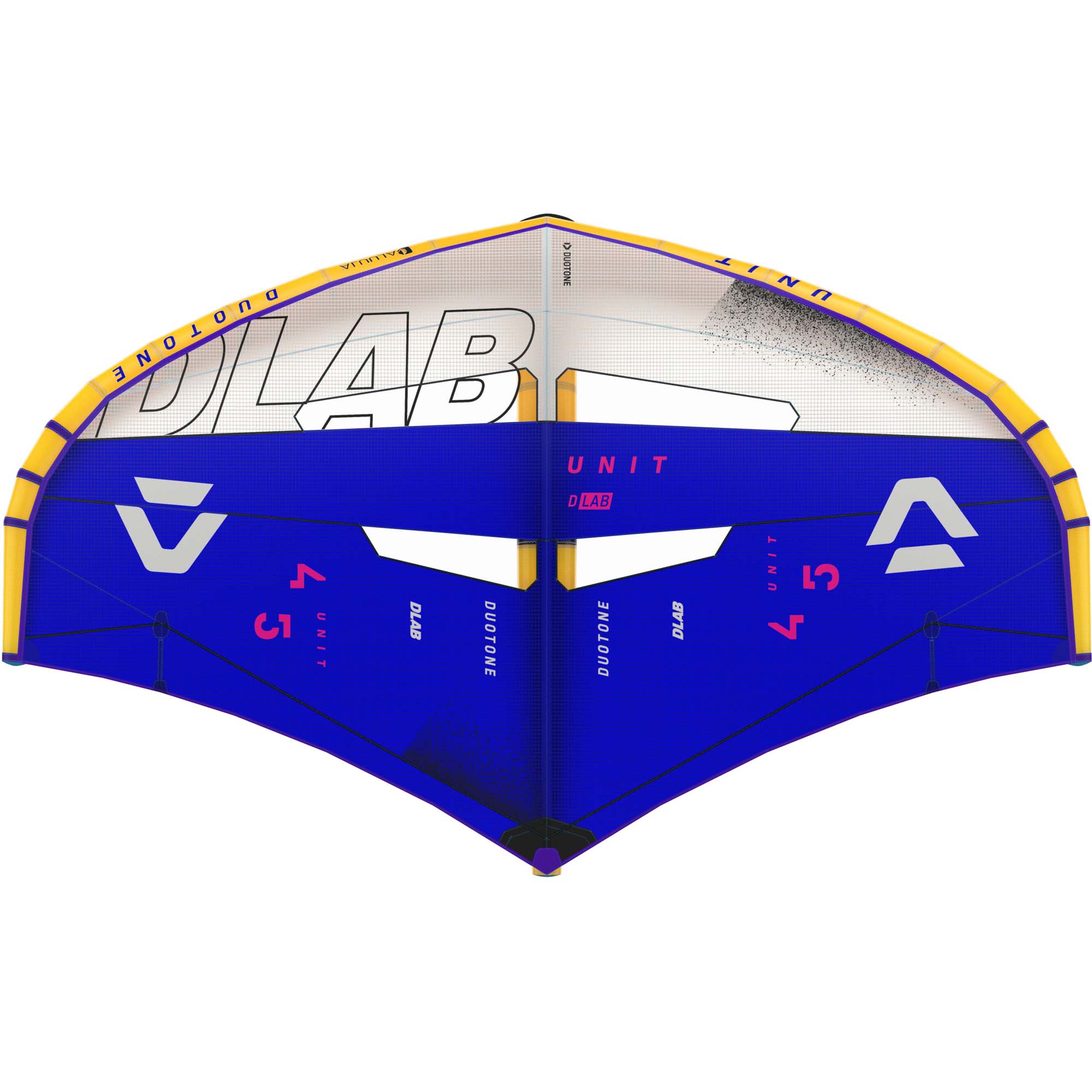 Duotone Unit D/LAB Wing - Windsport Fehmarn Blau-weißer Duotone Unit D/LAB Wingfoiling-Flügel mit gelben Details vor weißem Hintergrund.