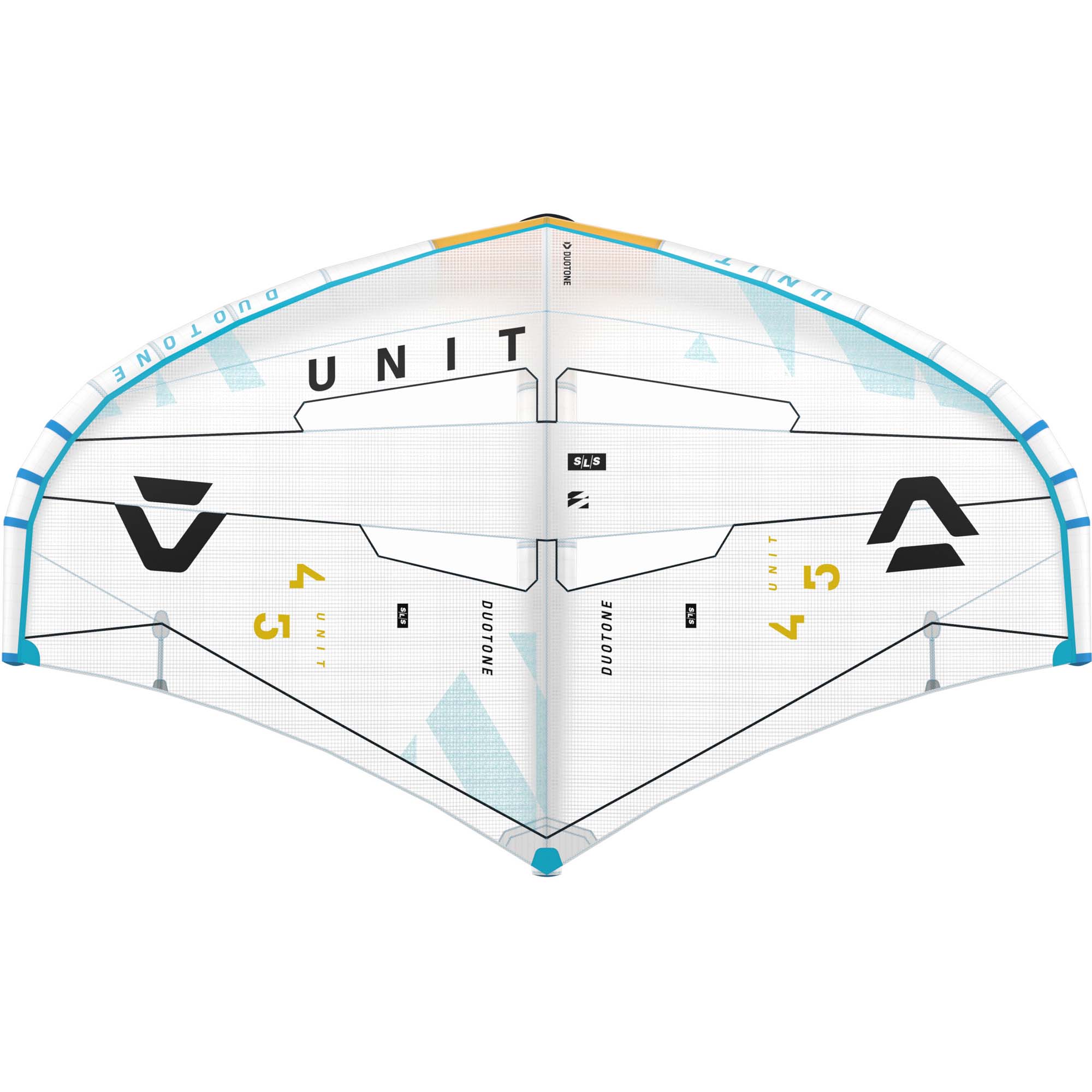 Duotone Unit Wingfoiling Flügel - Windsport Fehmarn Weißer Duotone Unit Wing für Wingfoiling mit blauen Akzenten und schwarzen Logos auf neutralem Hintergrund.