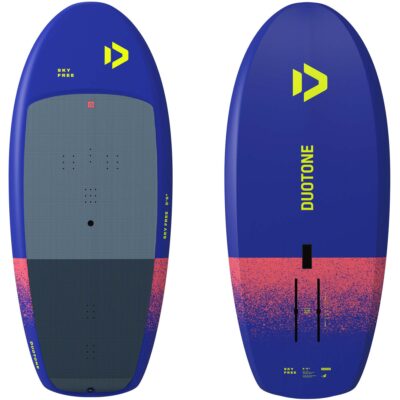 Vorder- und Rückansicht des blauen Duotone Sky Free Wingboards mit neon-gelben Akzenten und montierter Foil-Schiene.