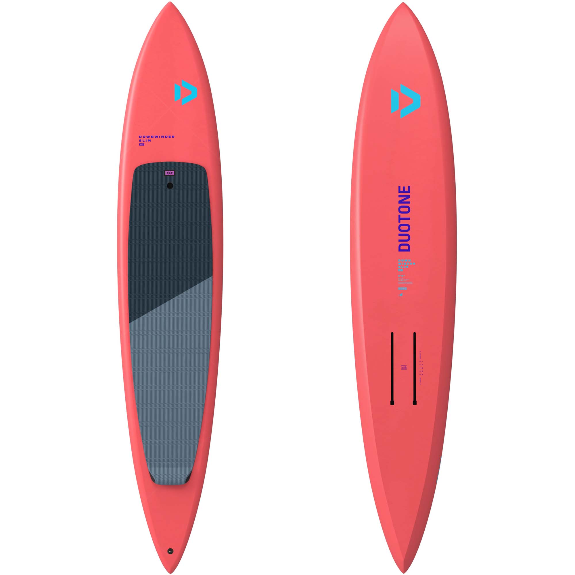 Duotone Downwinder Slim Surfboard - Windsport Fehmarn Duotone Downwinder Slim Board in Koralle, Vorder- und Rückansicht mit Branding