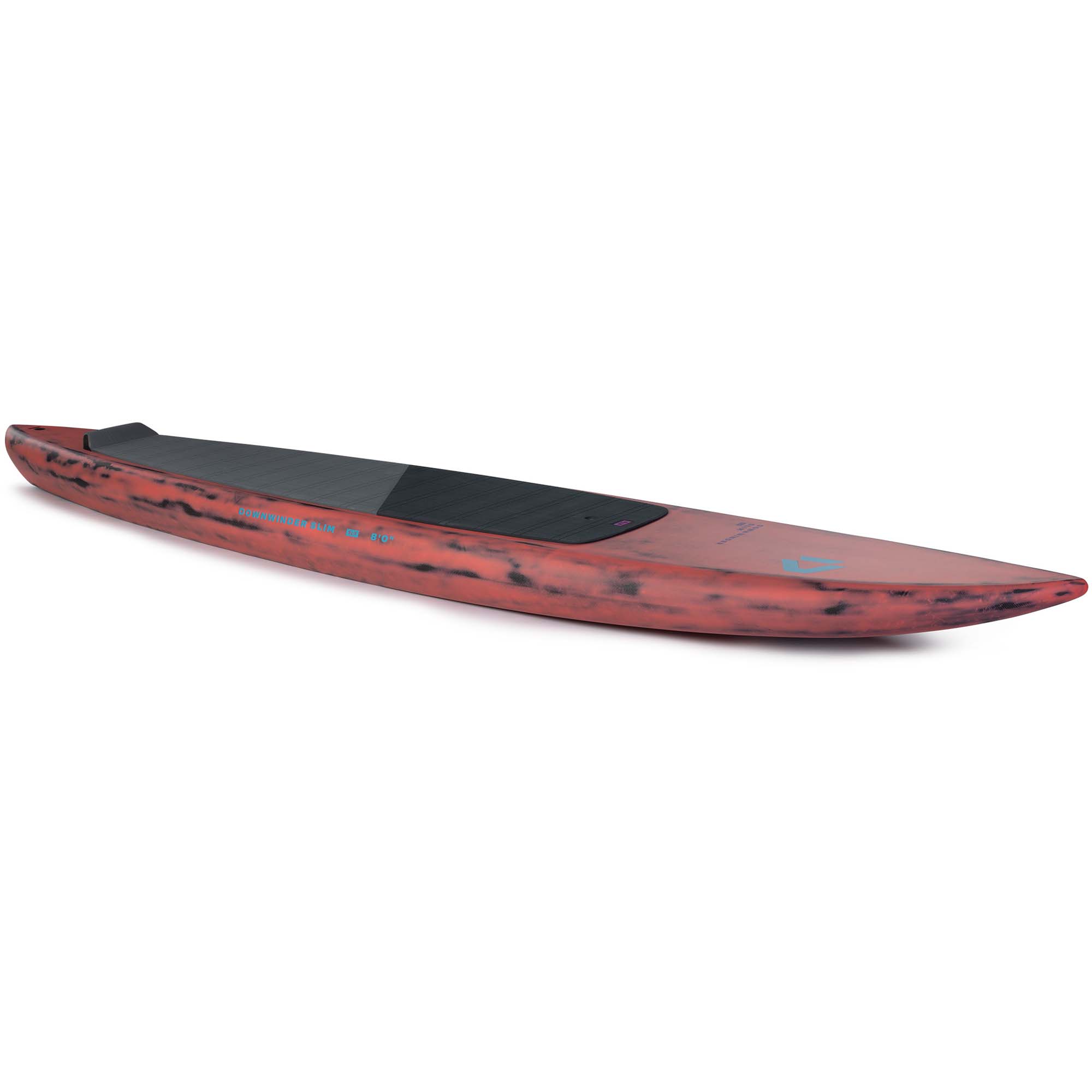 Downwinder Slim Wingfoil Board - Windsport Fehmarn Langes, schmales Downwinder Slim Wingfoil-Board in Rot mit schwarzem Muster vor weißem Hintergrund.