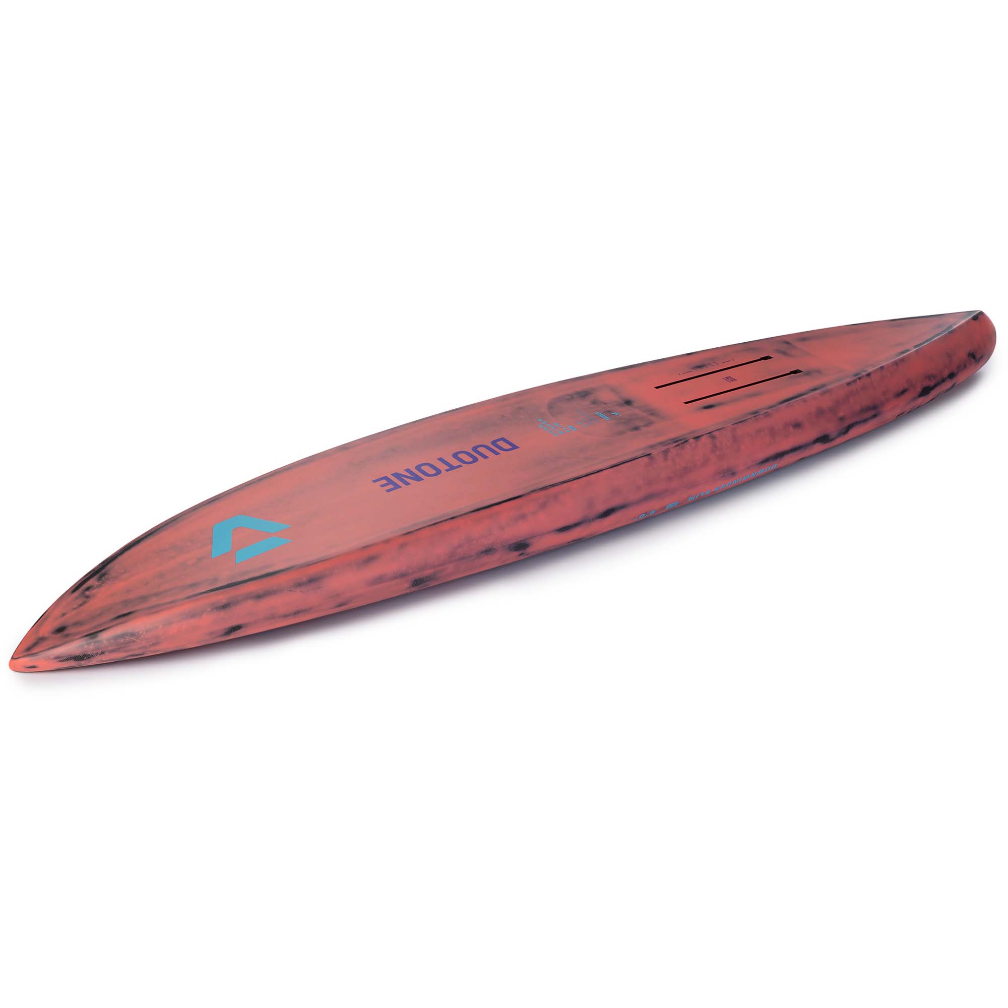 Duotone Downwinder Foilboard - Windsport Fehmarn Ein rot-schwarz marmoriertes Duotone Downwinder Foilboard aus der Vogelperspektive vor weißem Hintergrund.