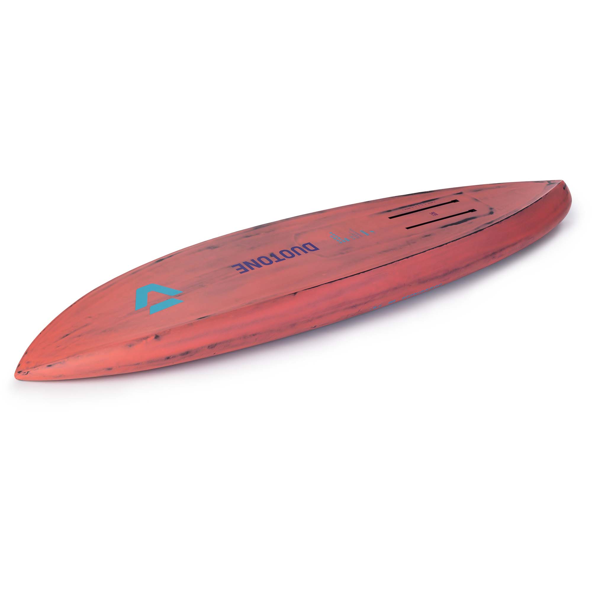 Duotone Wingfoil Board Unterseite - Windsport Fehmarn Unterseite eines rot-schwarzen Duotone Wingfoil-Boards mit sichtbaren Foil-Montageschienen auf weißem Hintergrund.