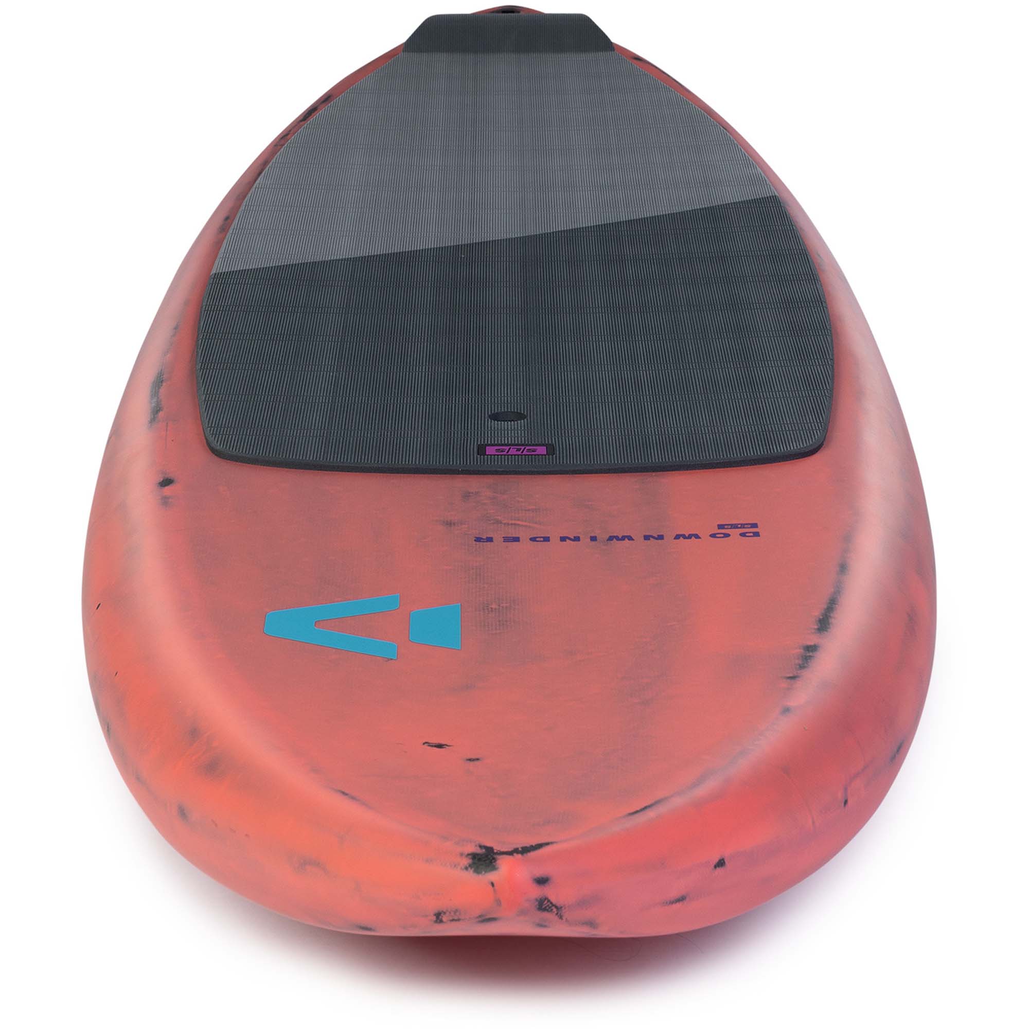 Duotone Downwinder SLS Board - Windsport Fehmarn Draufsicht auf ein rotes Duotone Downwinder SLS Board mit grauem Deckpad vor weißem Hintergrund.
