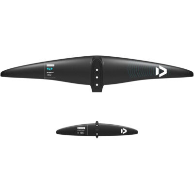 Duotone Glide 2.0 Frontflügel und H 165 Stabilisator aus Carbon auf weißem Hintergrund.