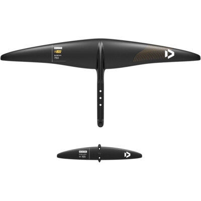 Duotone D/Lab Glide 2.0 Frontflügel 750 und Stabilizer H 165 Carbon-Foils auf weißem Hintergrund.