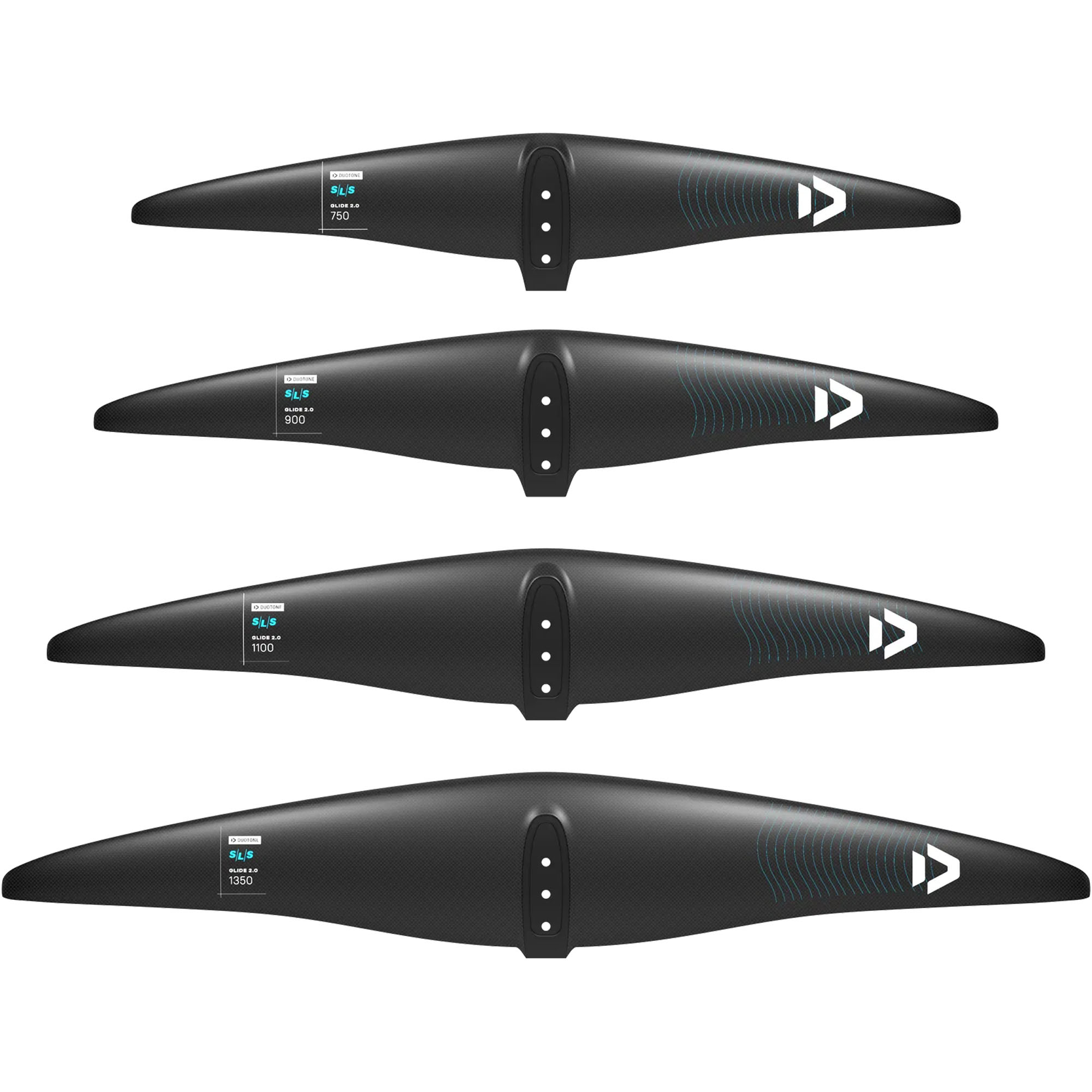 Duotone Glide SLS Frontflügel - Windsport Fehmarn Vier schwarze Duotone Glide SLS Frontflügel in verschiedenen Größen von 750 bis 1350 untereinander angeordnet.