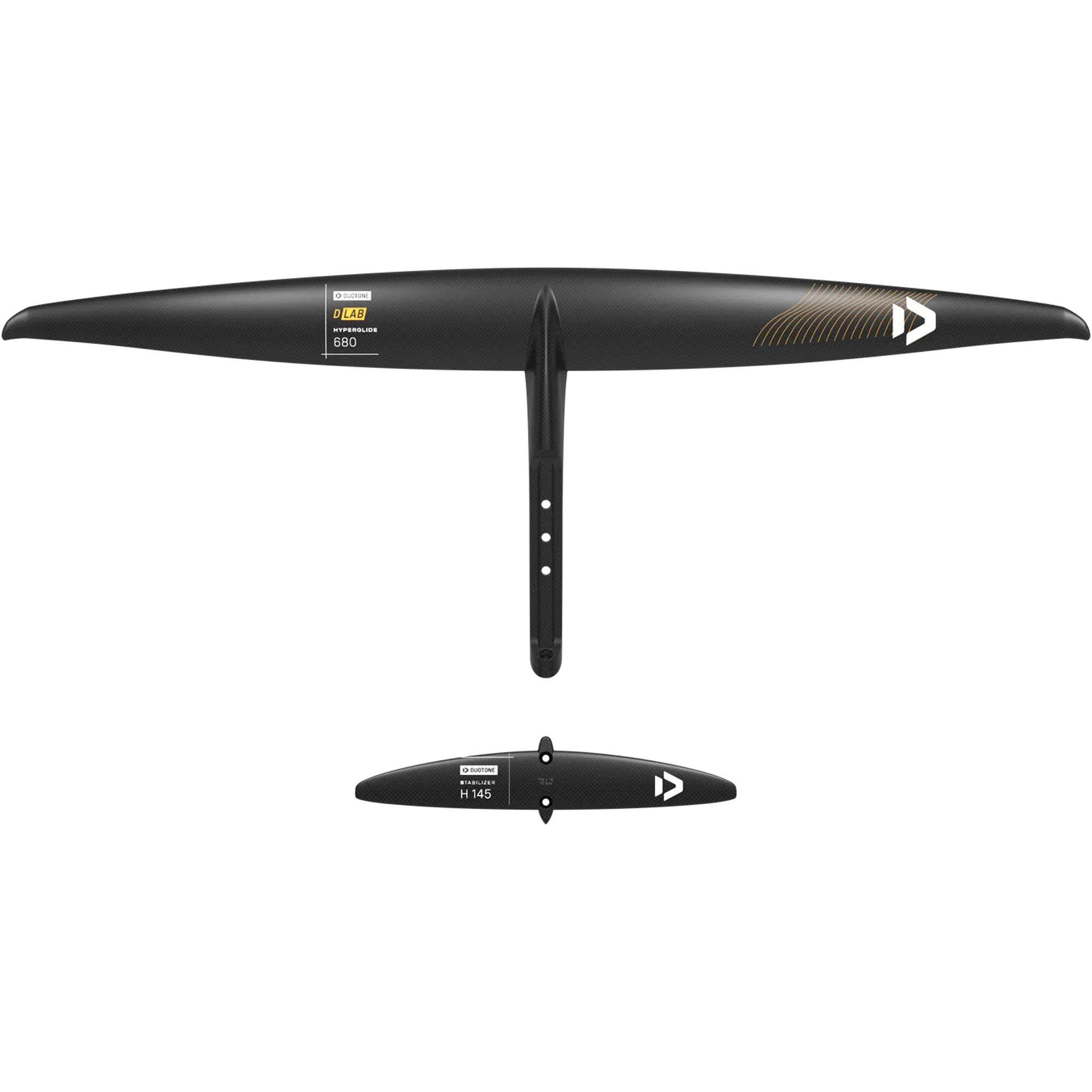 Duotone D/LAB Hydrofoil Set - Windsport Fehmarn Duotone D/LAB Hyperglide 680 Frontflügel und H 145 Stabilizer für Wingfoiling vor weißem Hintergrund.