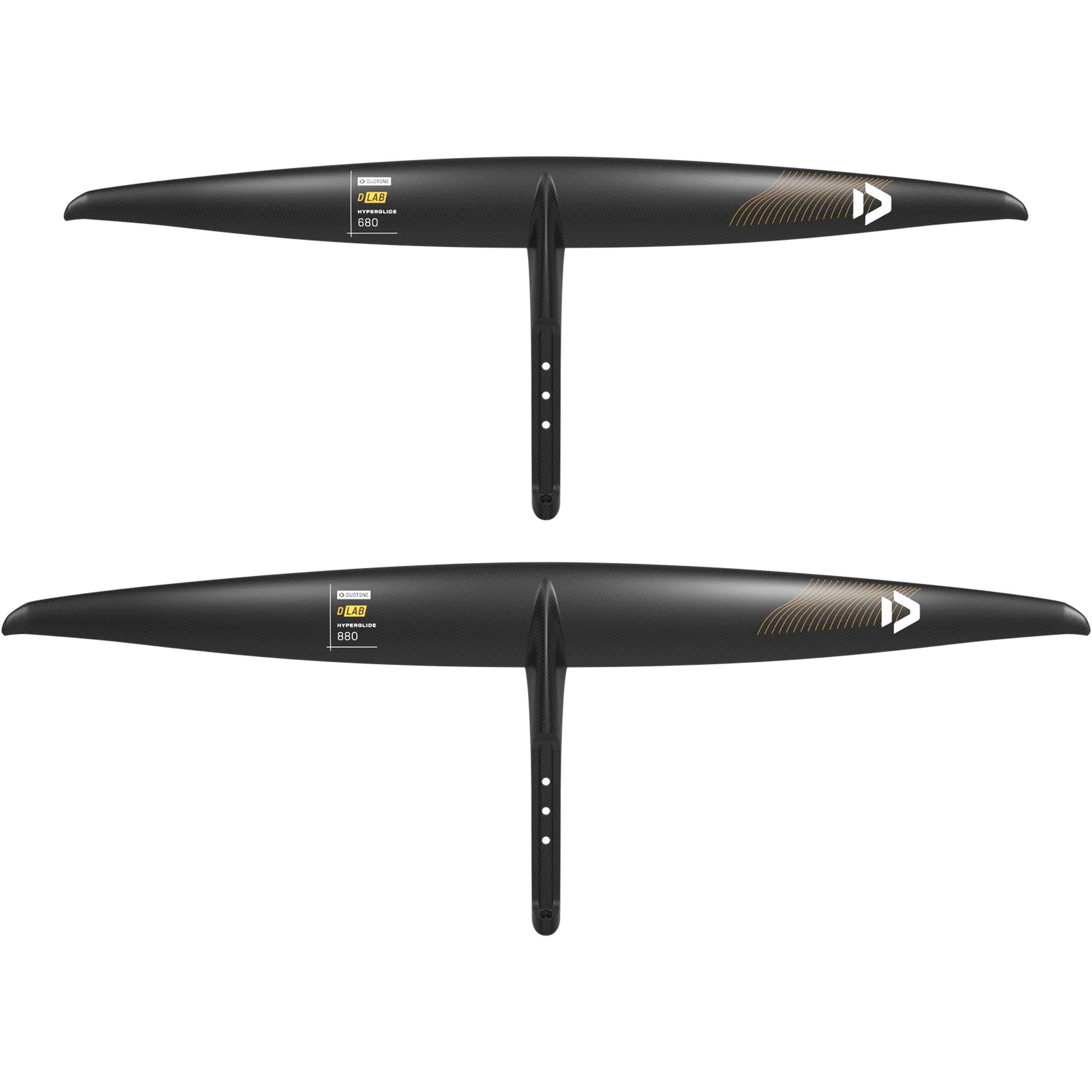 Duotone D/LAB Hyperglide Frontflügel - Windsport Fehmarn Zwei schwarze Duotone D/LAB Hyperglide Carbon-Frontflügel in den Größen 680 und 880 vor weißem Hintergrund.