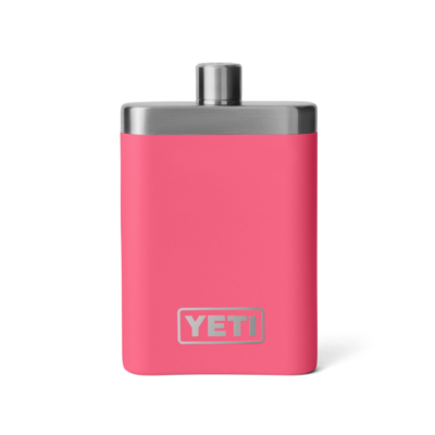 Pinker YETI Flachmann aus Edelstahl vor weißem Hintergrund