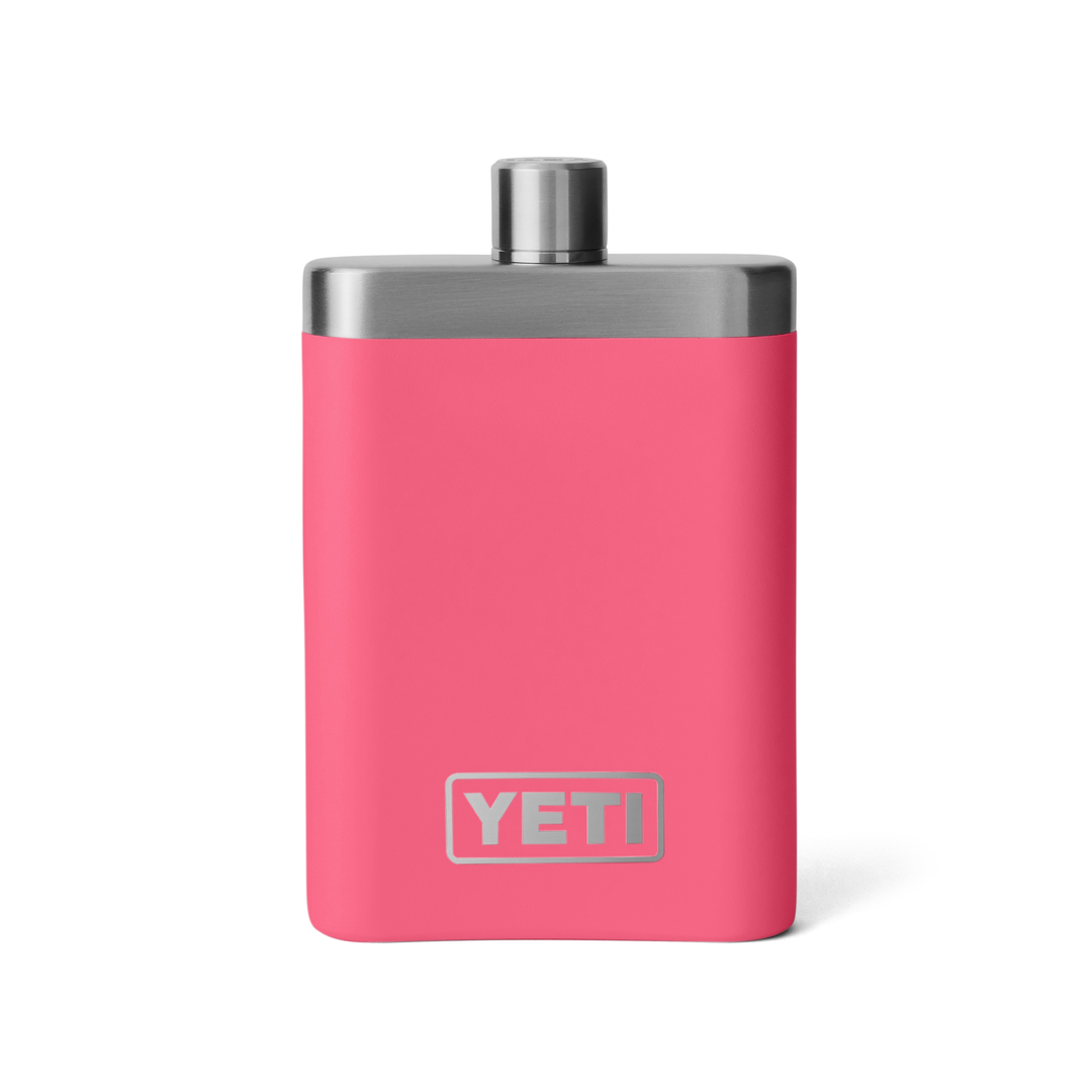Pinker YETI Edelstahl-Flachmann - Windsport Fehmarn Pinker YETI Flachmann aus Edelstahl vor weißem Hintergrund