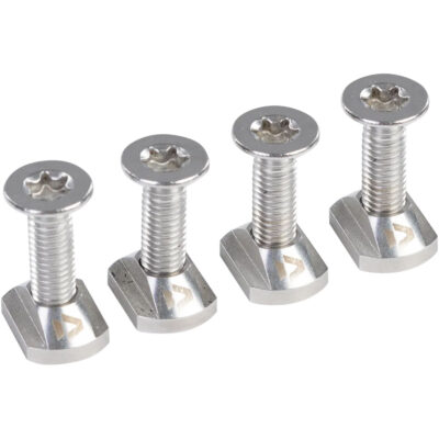 Vier silberne T-Nut-Schrauben mit Torx-Kopf für die Montage von Tragflächen bei Surfbrettern auf weißem Hintergrund.