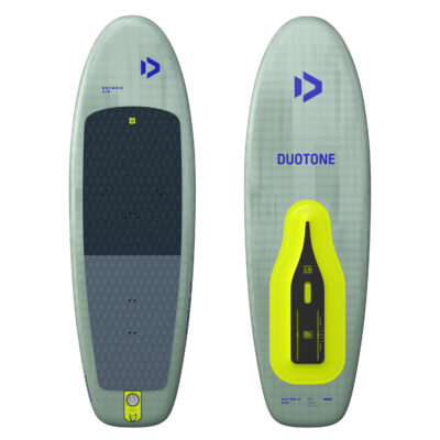 Vorder- und Rückansicht des aufblasbaren Duotone Skybrid Air Wingboards in Hellgrün mit schwarzem Deckpad.