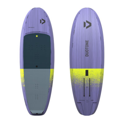 Vorder- und Rückseite des Duotone Skybrid Wingfoil-Boards in Lavendel und Neongelb vor weißem Hintergrund.