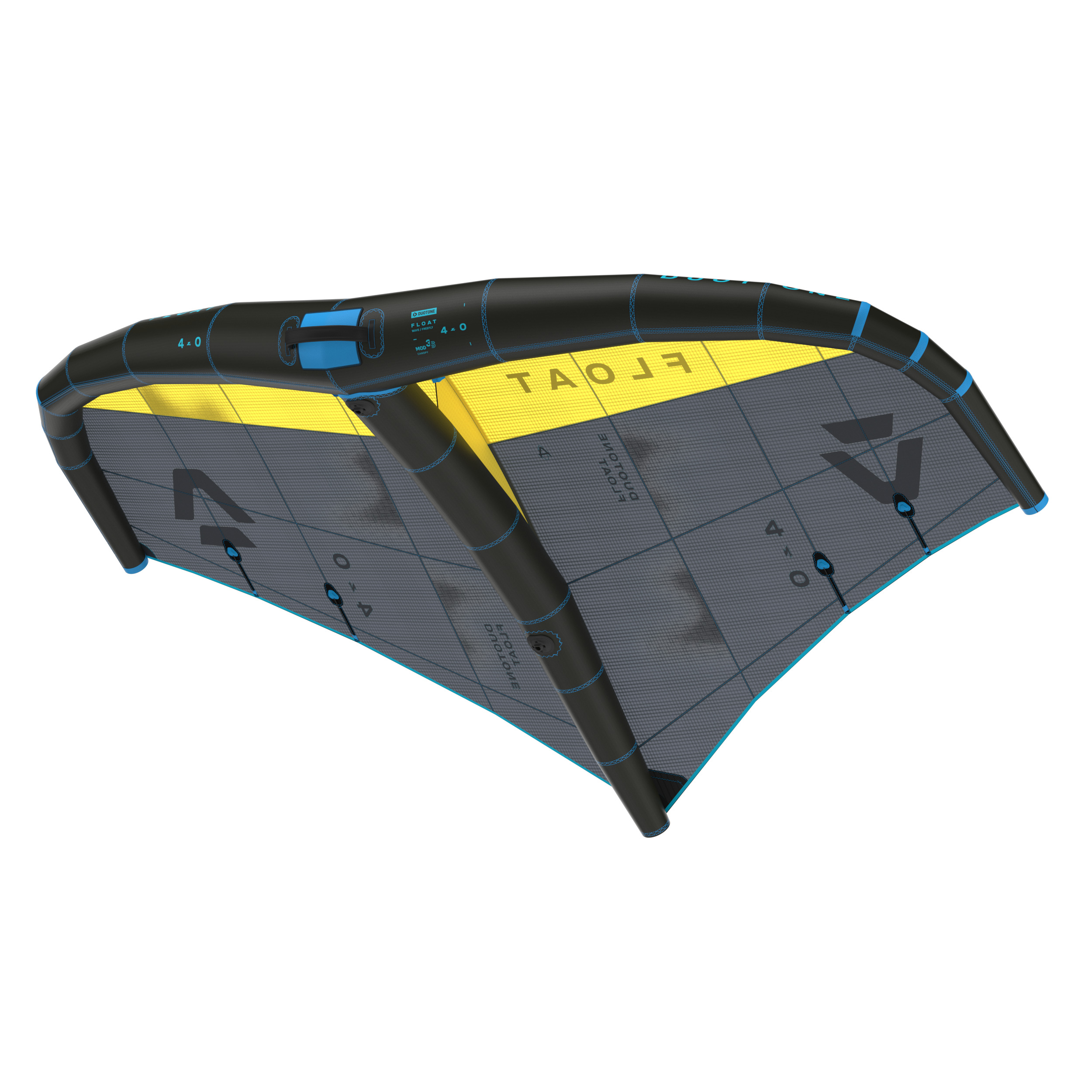 Duotone Float Wingfoiling Flügel - Windsport Fehmarn Ein schwarz-gelber Duotone Float Wingfoiling-Flügel mit 4.0 Größe vor weißem Hintergrund.