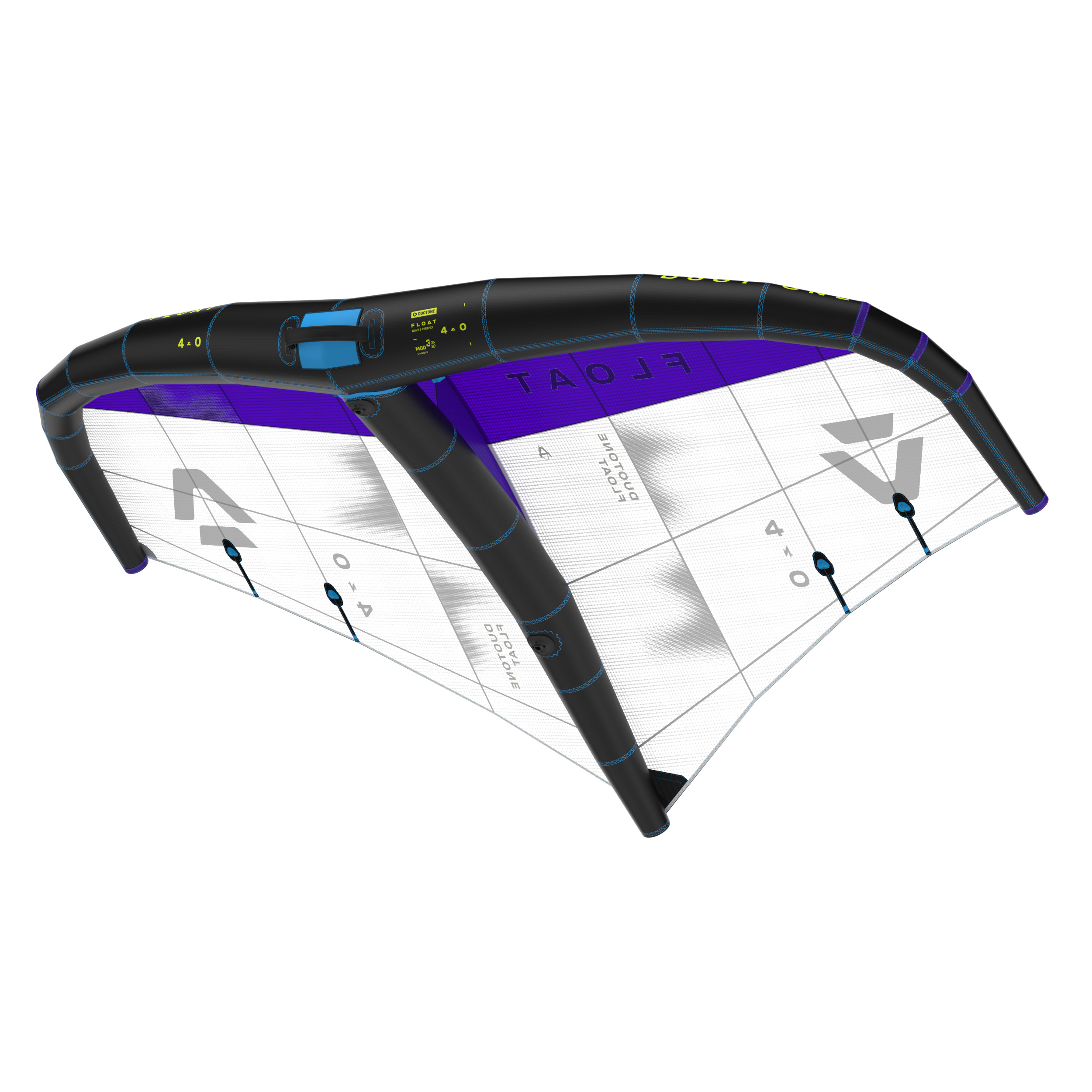 Duotone Float Wingfoiling Flügel - Windsport Fehmarn Ein schwarz-weiß-violetter Duotone Float Wingfoil-Flügel mit der Aufschrift 4.0 in Studioansicht vor weißem Hintergrund.