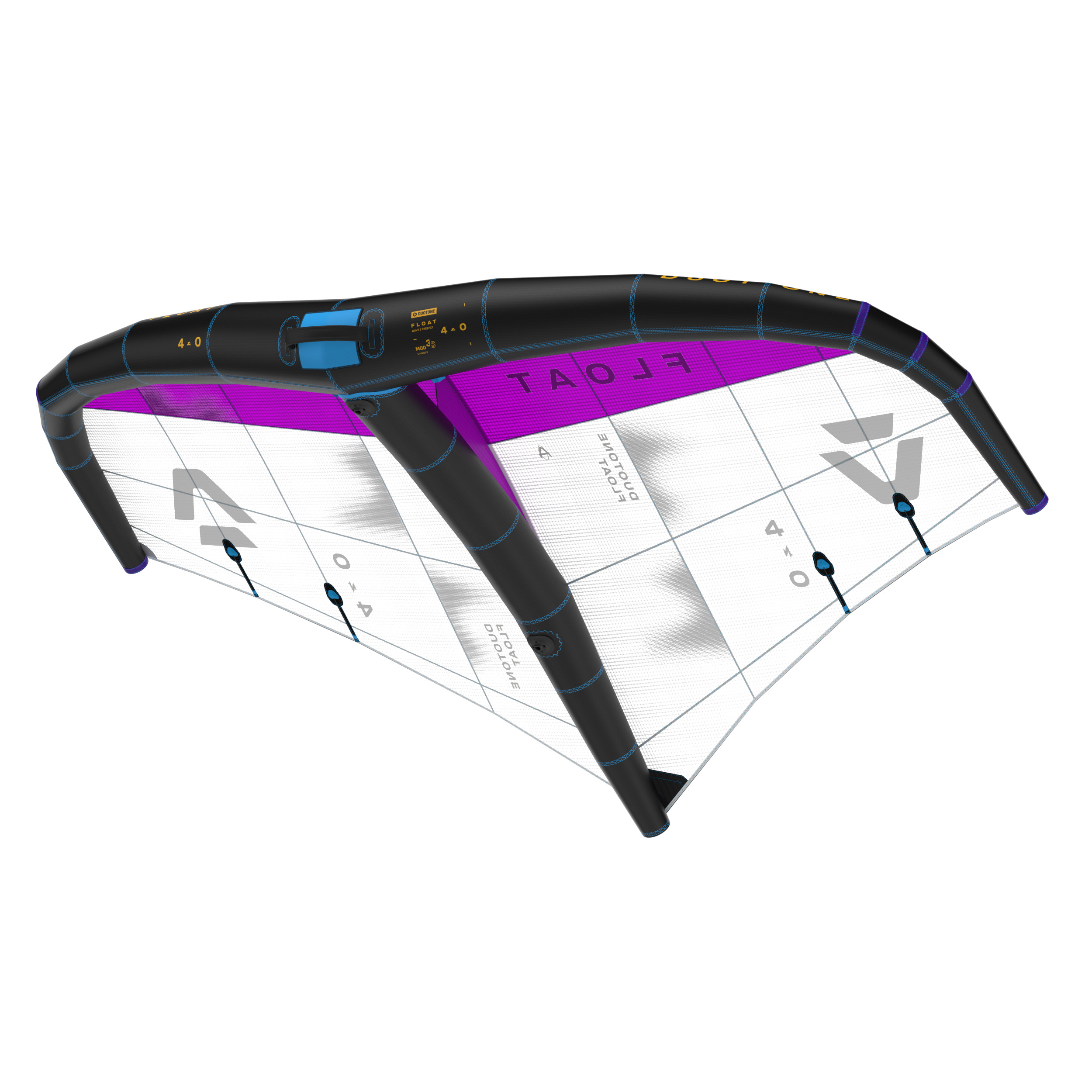 Duotone Float Wing 4.0 - Windsport Fehmarn Ein schwarz-lila Duotone Float Wing Segel mit 4.0 Größe vor weißem Hintergrund.