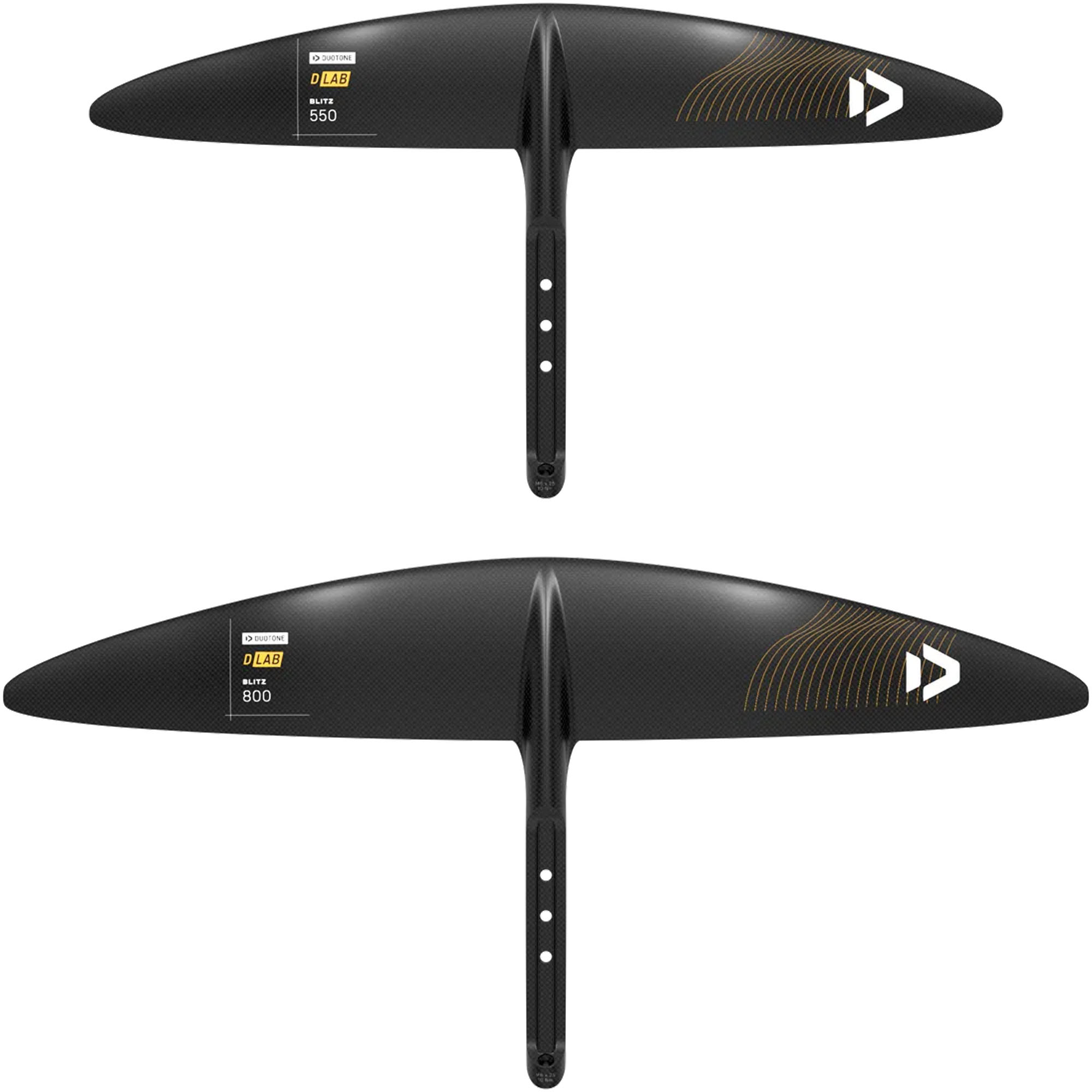 Duotone D/LAB Blitz Frontwings - Windsport Fehmarn Zwei schwarze Duotone D/LAB Blitz Tragflächen für Wingfoils in den Größen 550 und 800 im direkten Größenvergleich.