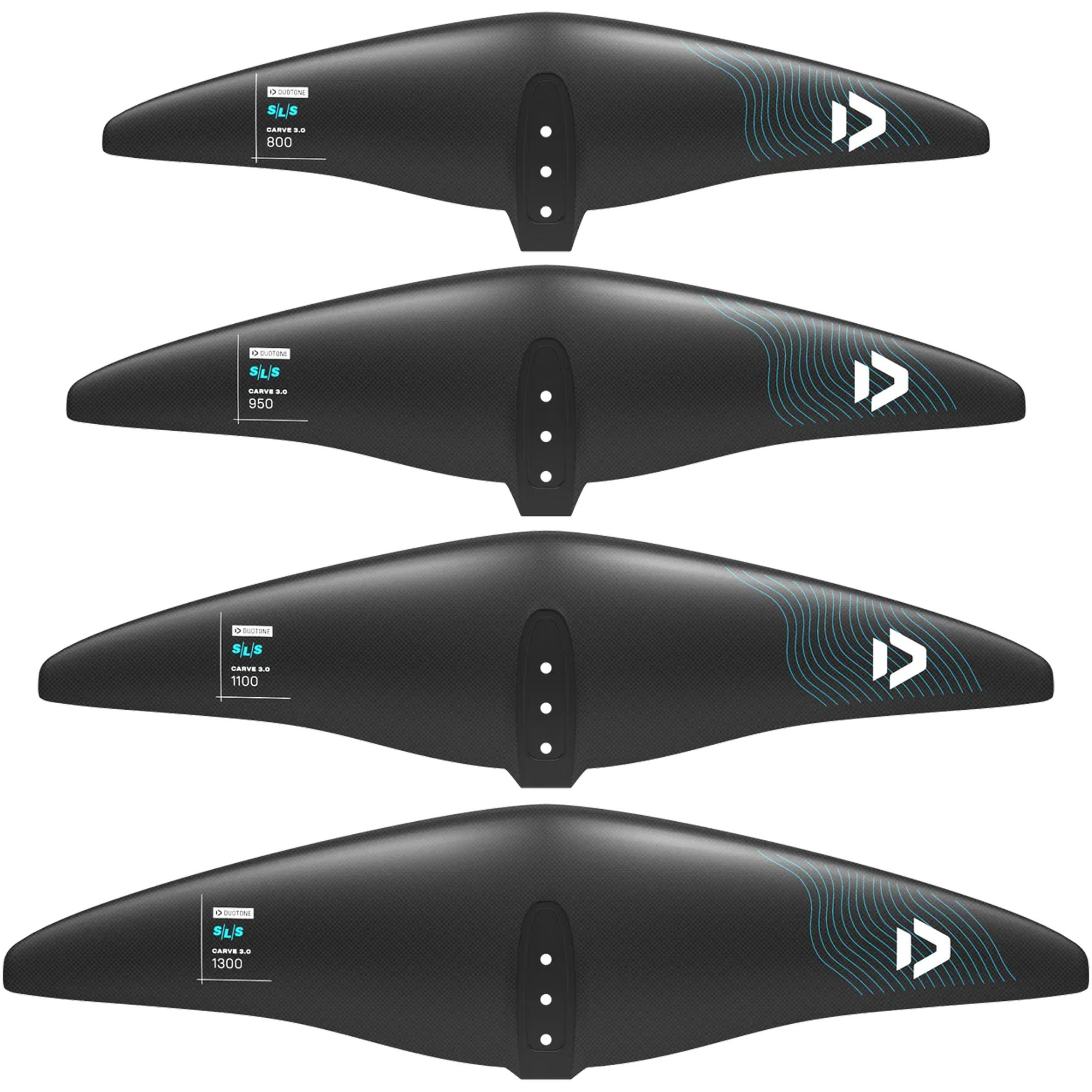 Duotone Carve 3.0 Frontflügel - Windsport Fehmarn Vier schwarze Duotone Carve 3.0 Carbon-Frontflügel in den Größen 800, 950, 1100 und 1300 untereinander angeordnet.